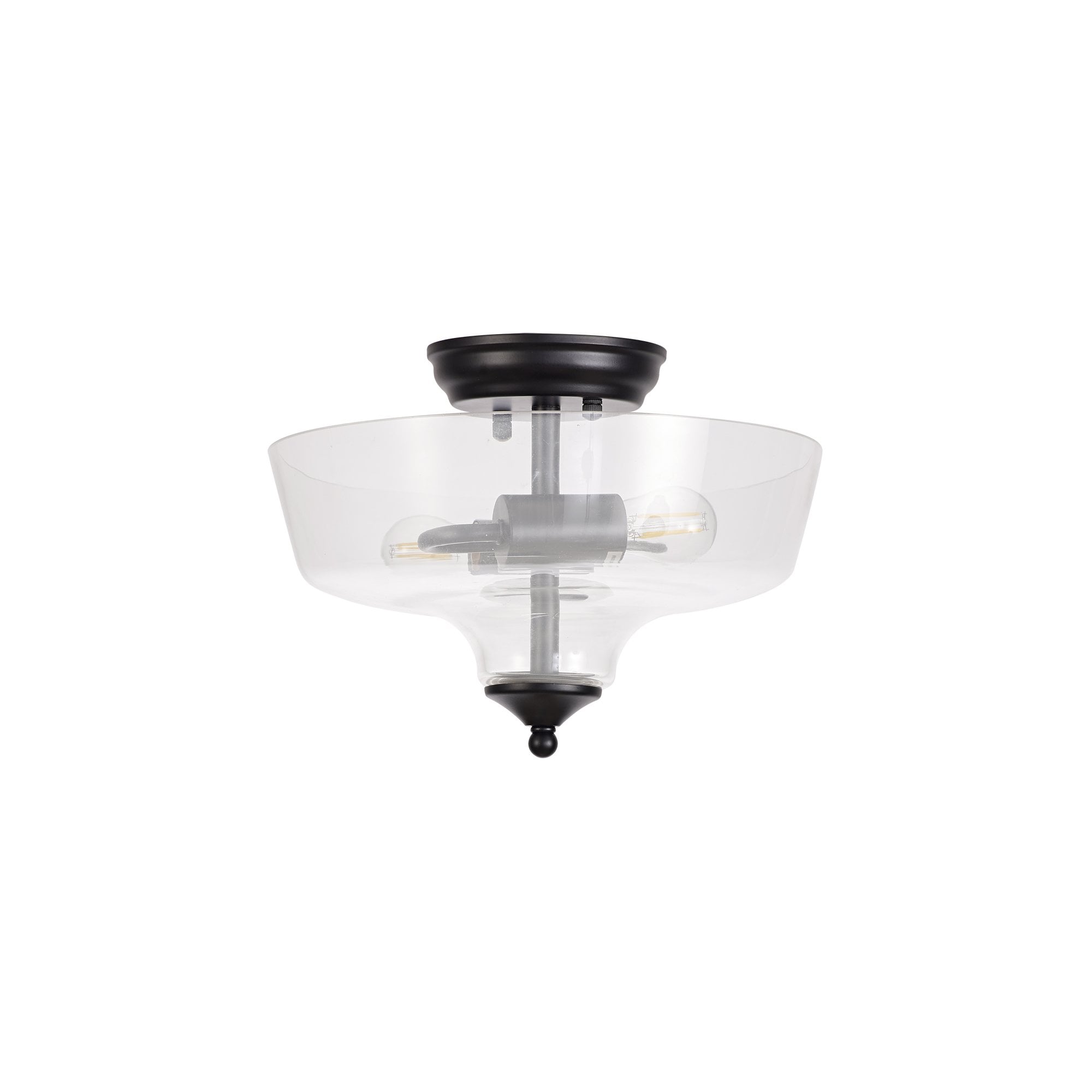 Fabula Mansfield 2 Light Semi-Flush Light - 30cm Flat Round Glass Shade - Matt Black & Clear Glass