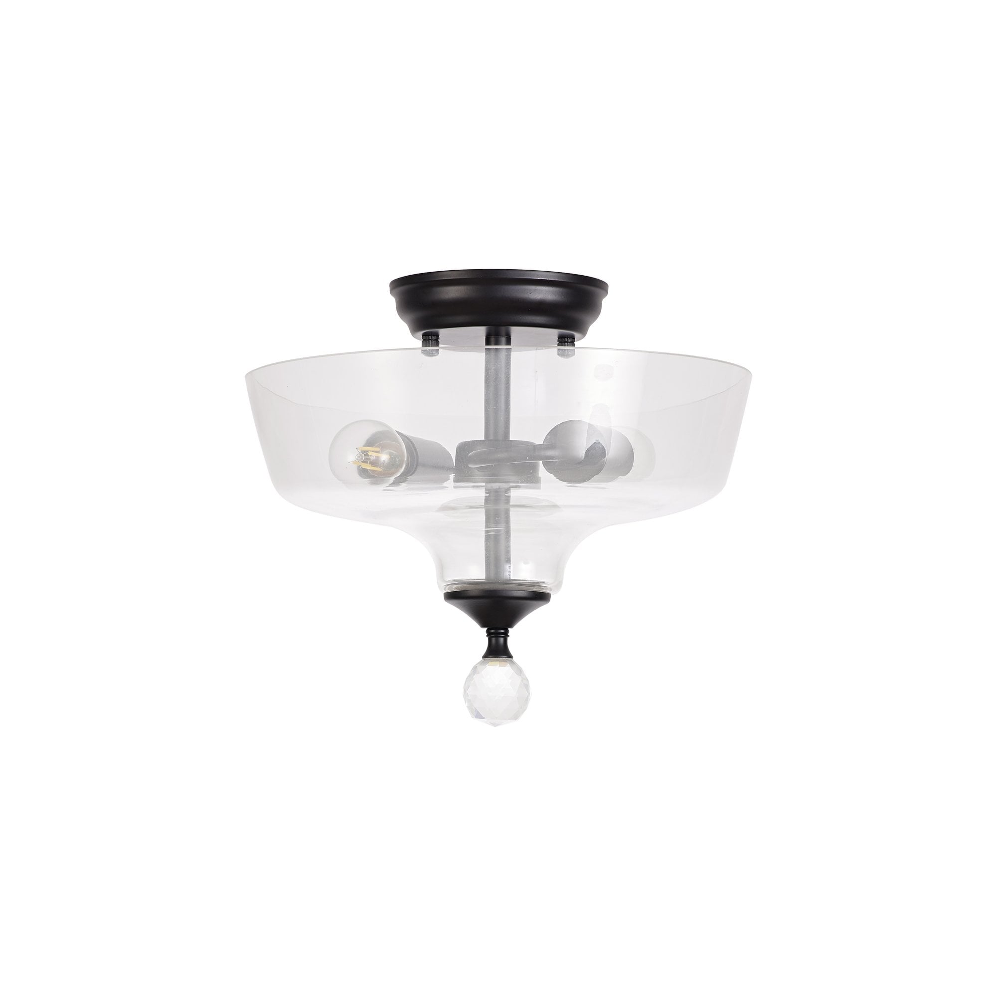 Fabula Mansfield 2 Light Semi-Flush Light - 30cm Flat Round Glass Shade - Matt Black & Clear Glass