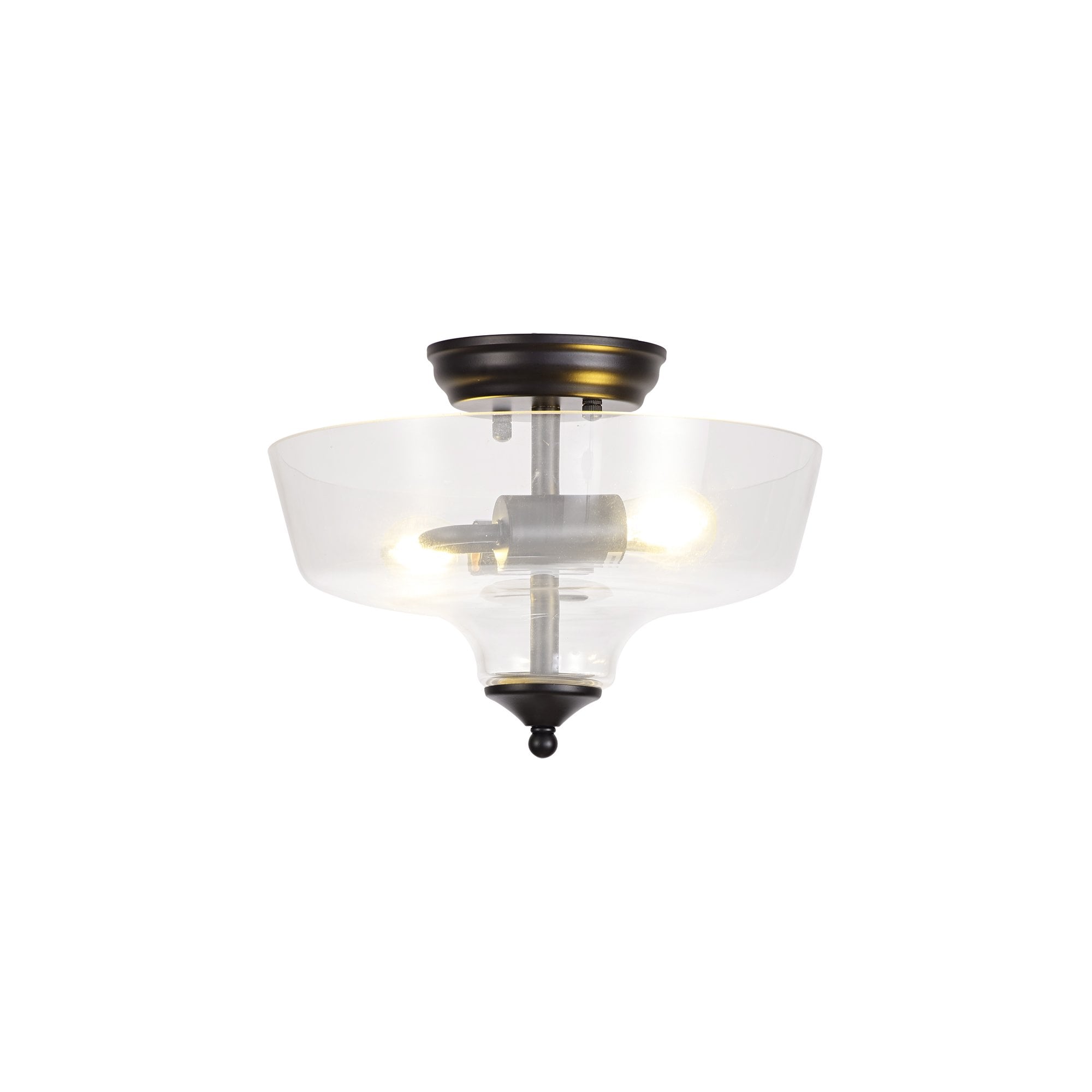 Fabula Mansfield 2 Light Semi-Flush Light - 30cm Flat Round Glass Shade - Matt Black & Clear Glass