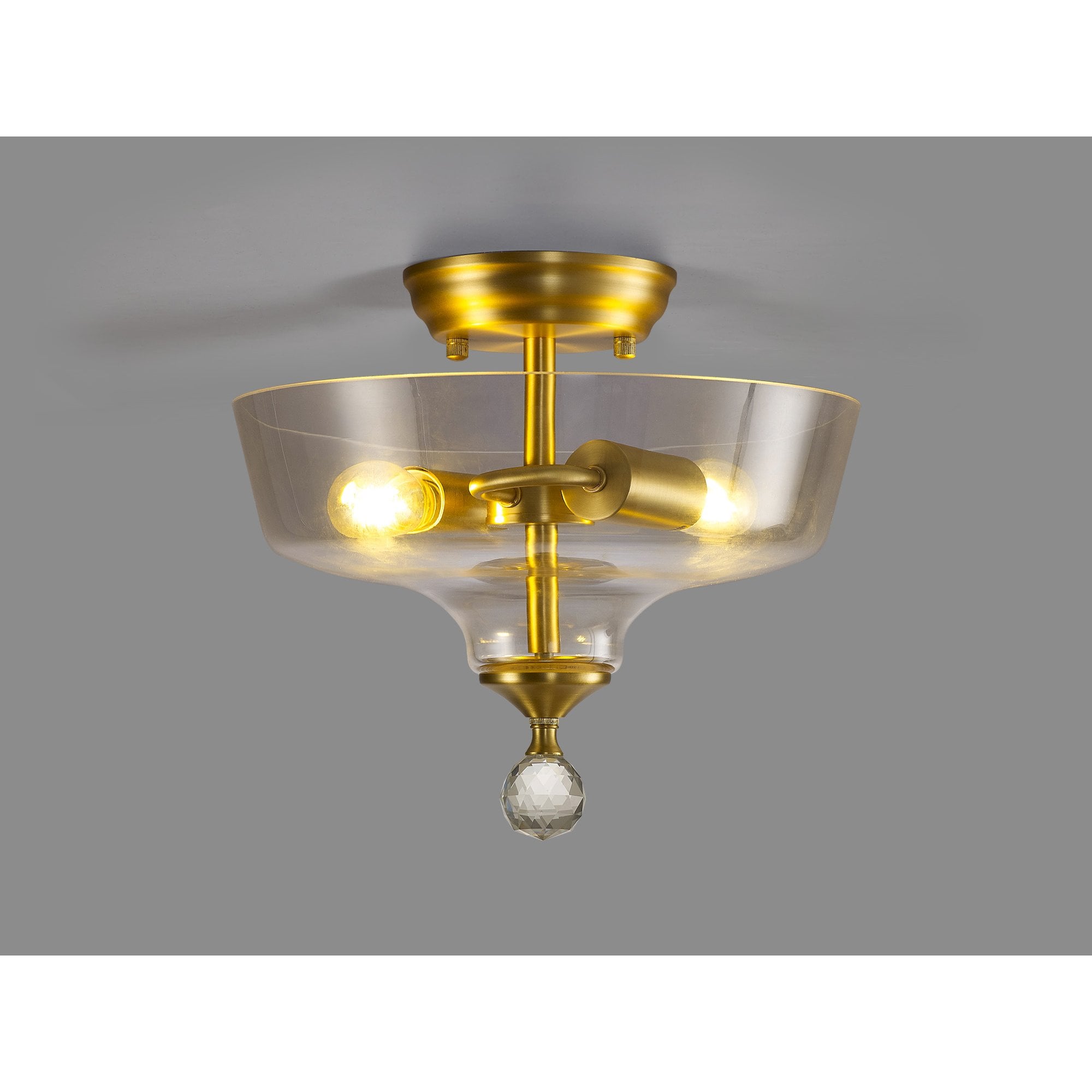 Fabula Mansfield 2 Light Semi-Flush Light - 30cm Flat Round Glass Shade - Satin Gold & Clear Glass