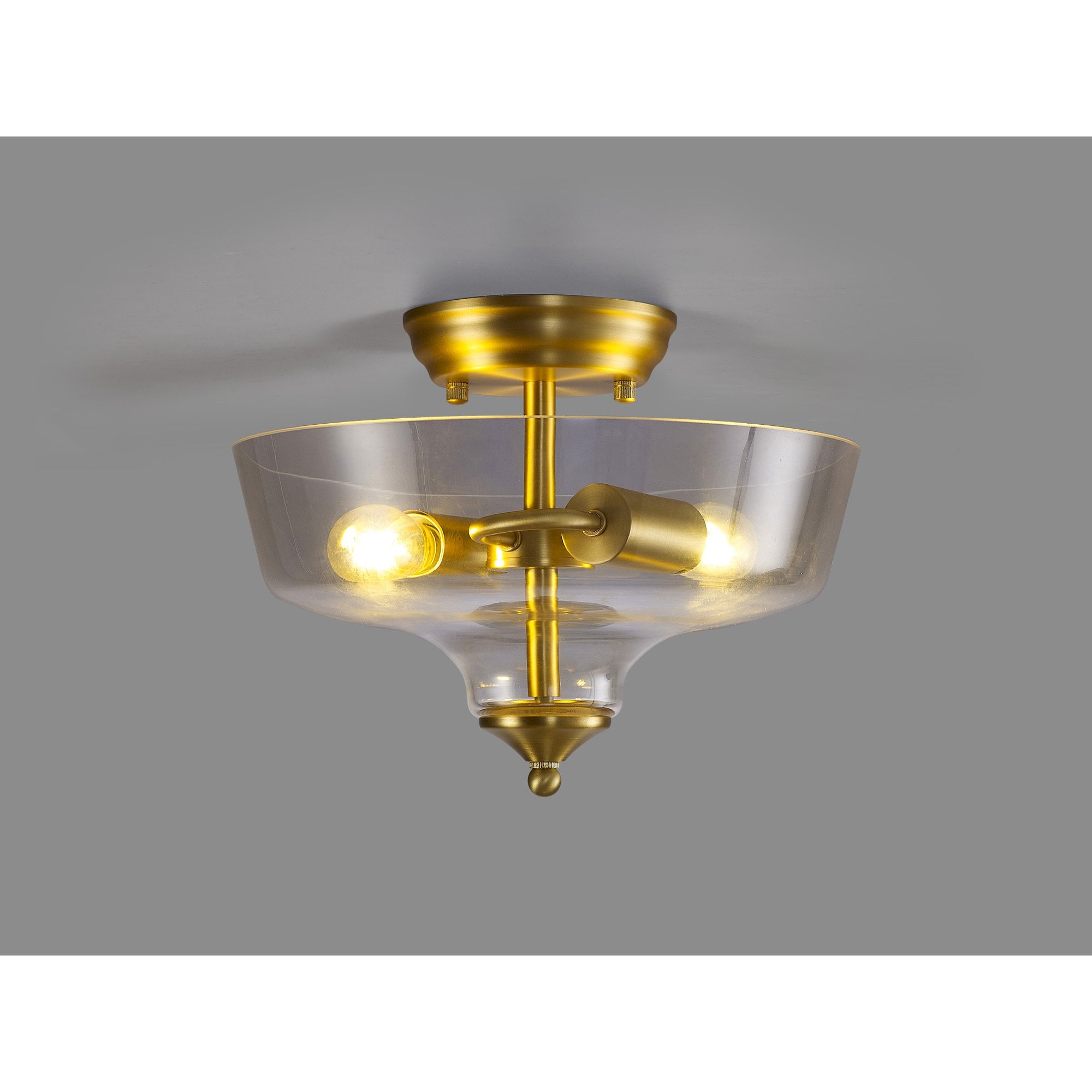 Fabula Mansfield 2 Light Semi-Flush Light - 30cm Flat Round Glass Shade - Satin Gold & Clear Glass