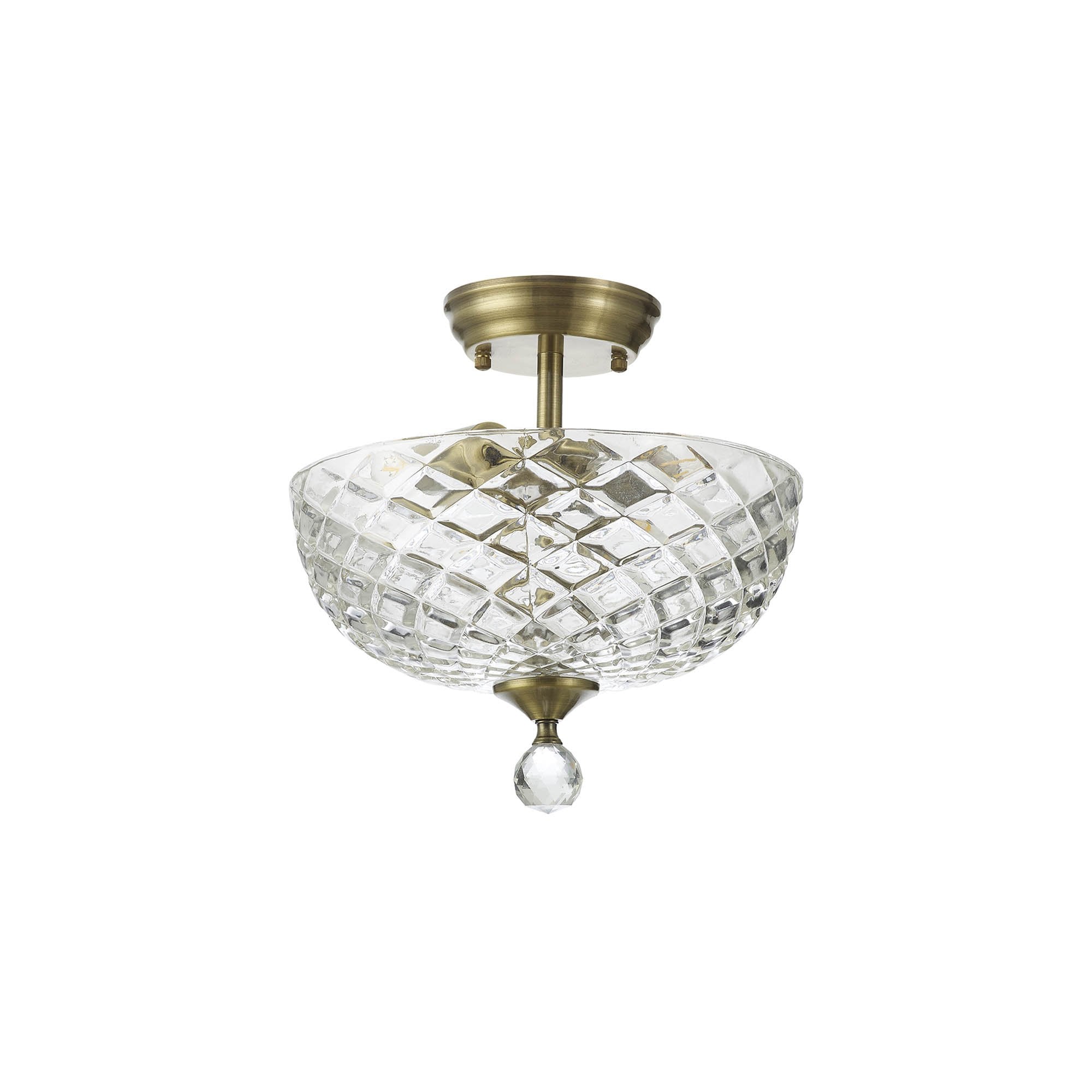 Fabula Mansfield 2 Light Semi-Flush Light - 30cm Flat Round Patterned Glass Shade - Antique Brass & Clear Glass