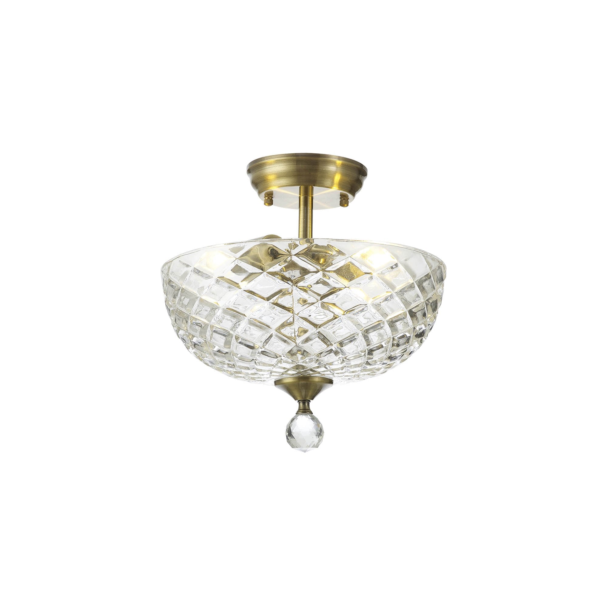 Fabula Mansfield 2 Light Semi-Flush Light - 30cm Flat Round Patterned Glass Shade - Antique Brass & Clear Glass