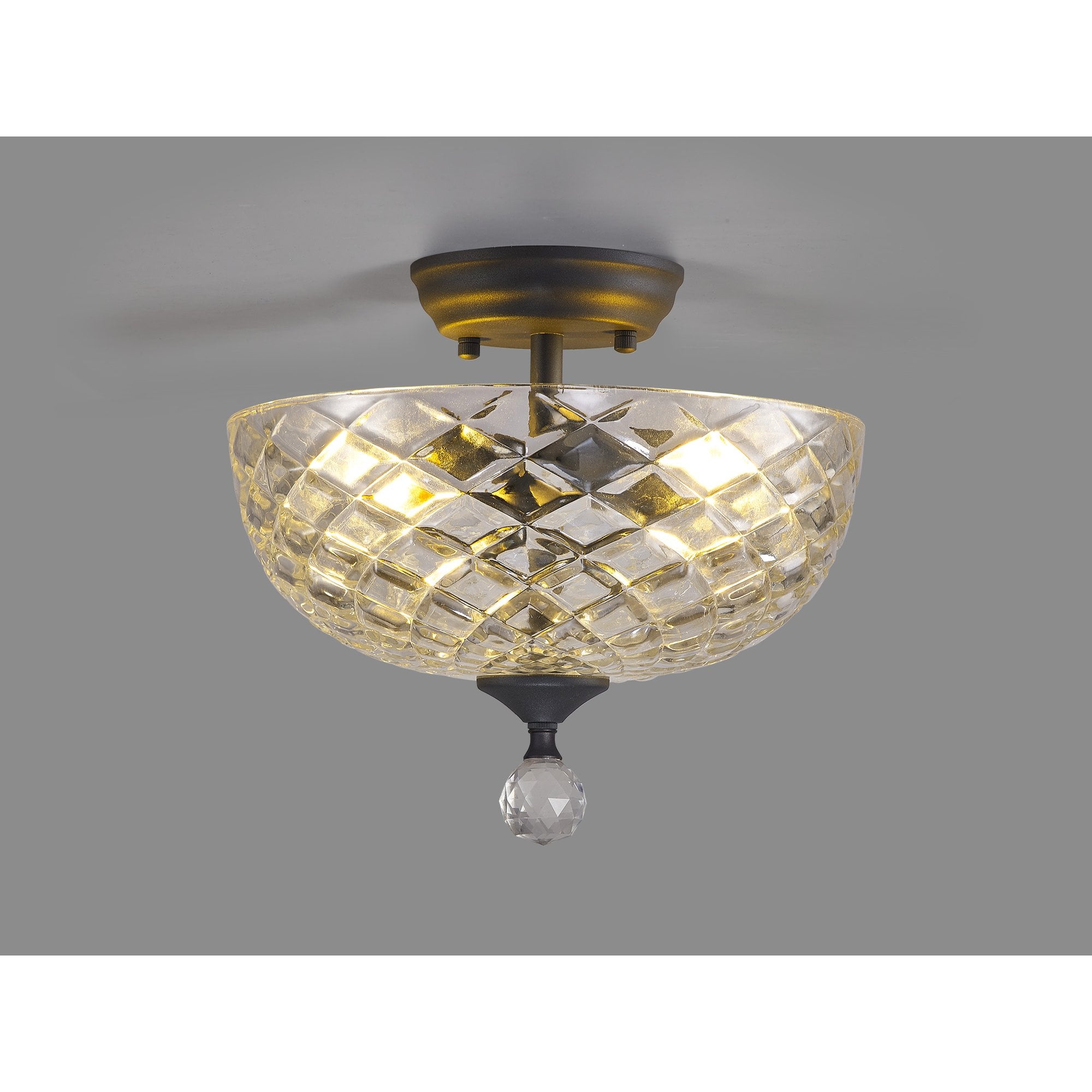Fabula Mansfield 2 Light Semi-Flush Light - 30cm Flat Round Patterned Glass Shade - Graphite & Clear Glass