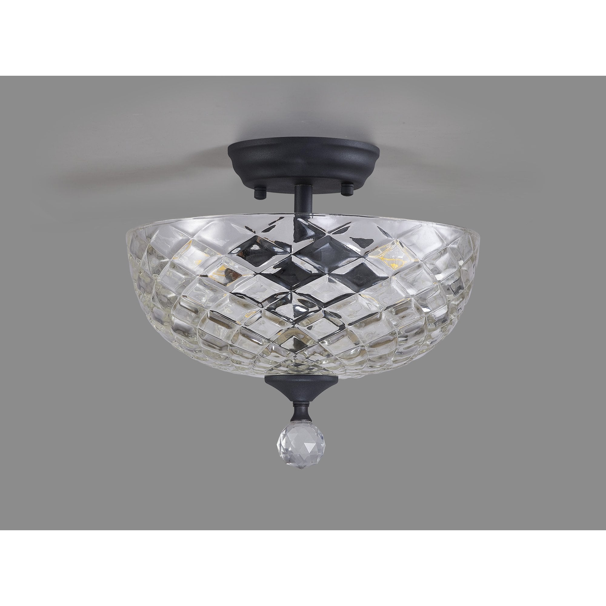 Fabula Mansfield 2 Light Semi-Flush Light - 30cm Flat Round Patterned Glass Shade - Graphite & Clear Glass