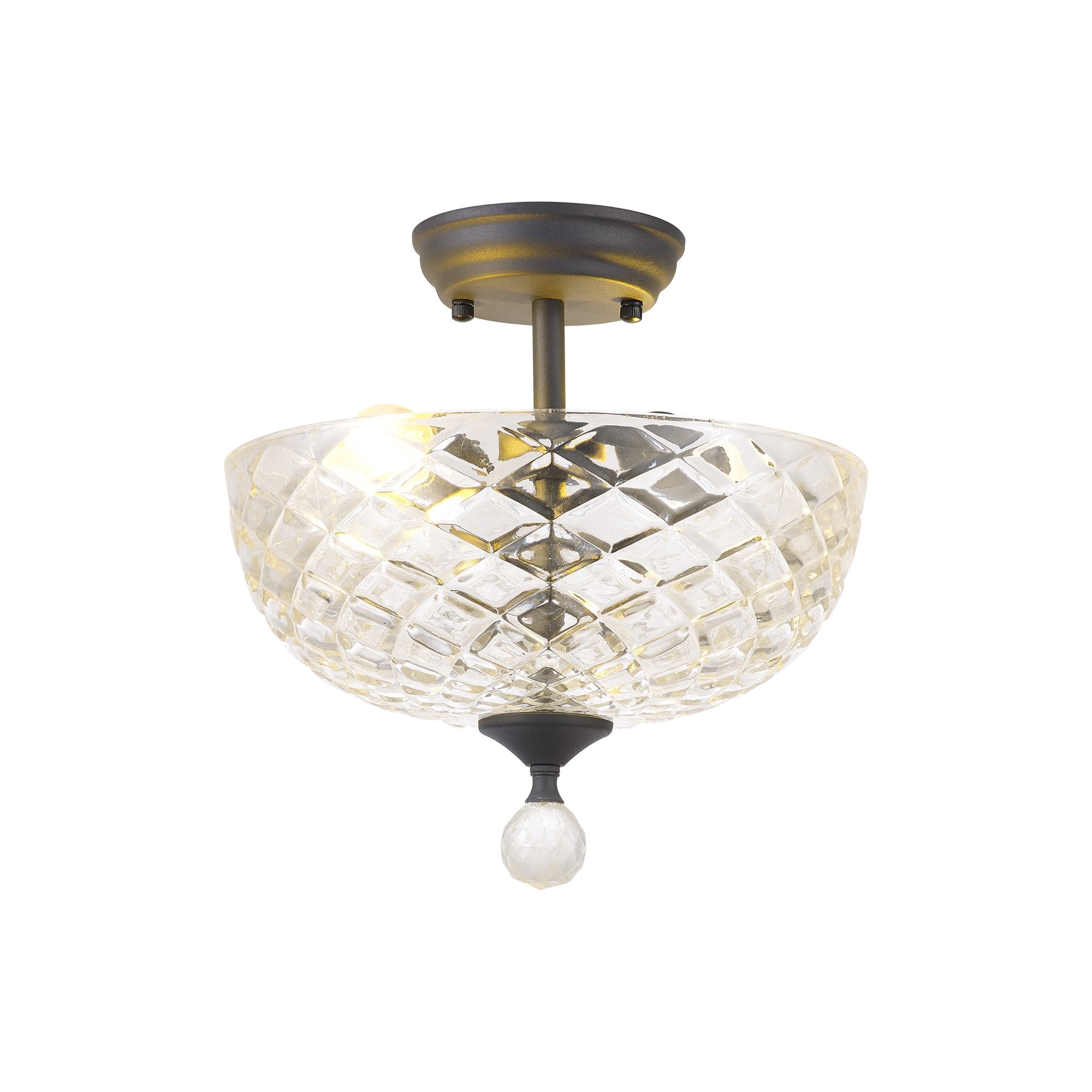 Fabula Mansfield 2 Light Semi-Flush Light - 30cm Flat Round Patterned Glass Shade - Graphite & Clear Glass