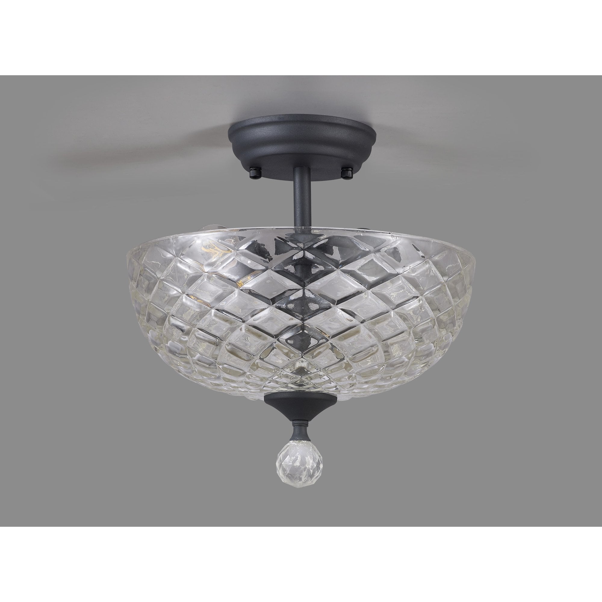 Fabula Mansfield 2 Light Semi-Flush Light - 30cm Flat Round Patterned Glass Shade - Graphite & Clear Glass