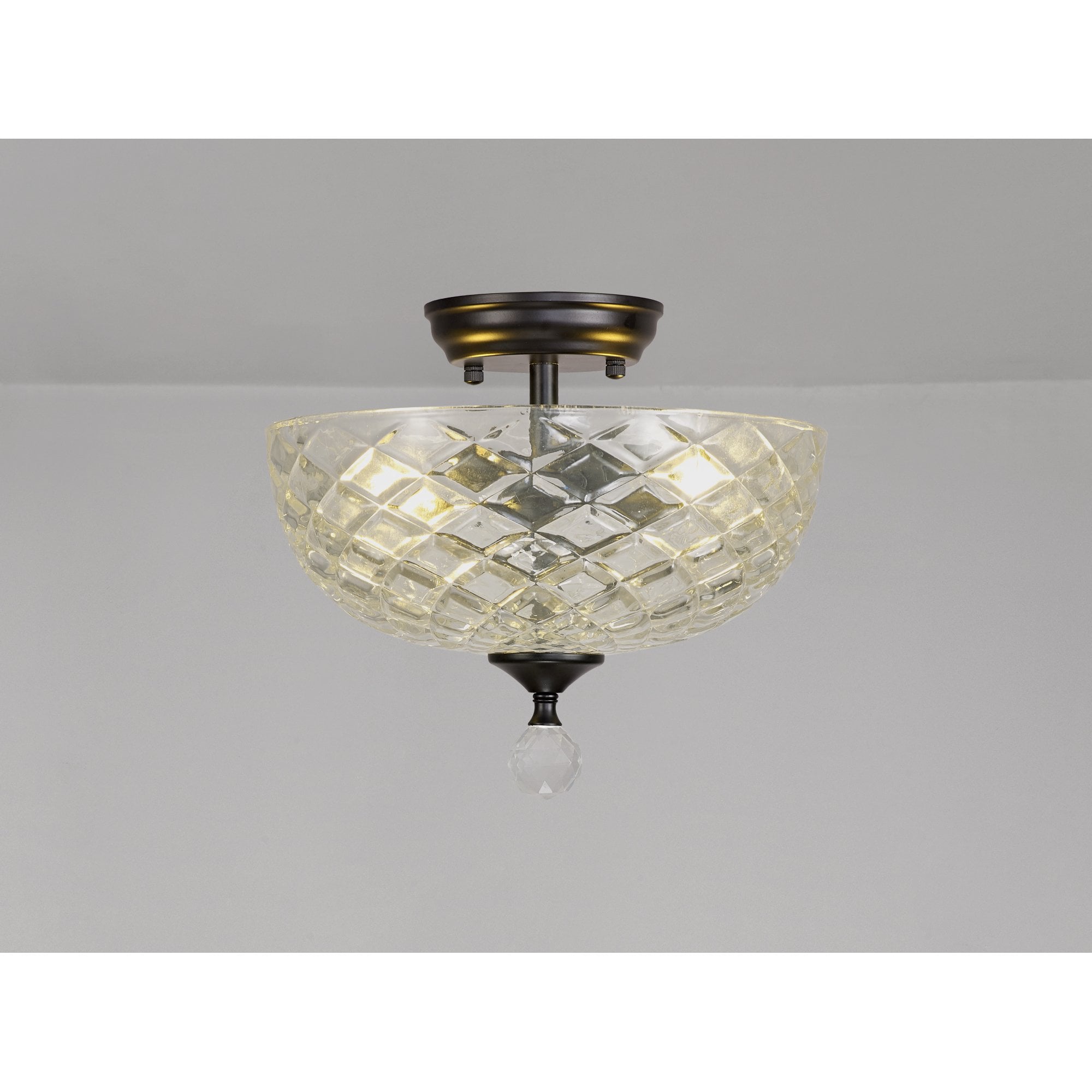 Fabula Mansfield 2 Light Semi-Flush Light - 30cm Flat Round Patterned Glass Shade - Matt Black & Clear Glass