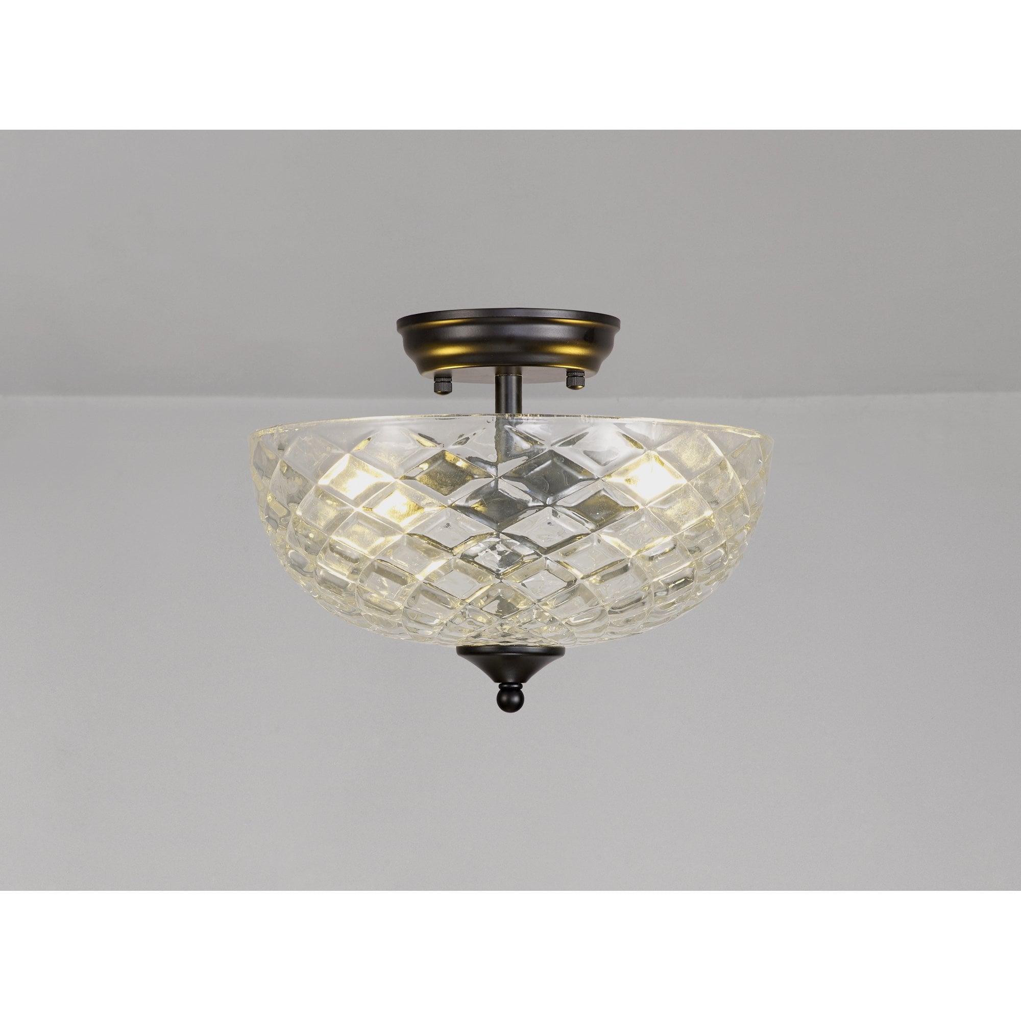 Fabula Mansfield 2 Light Semi-Flush Light - 30cm Flat Round Patterned Glass Shade - Matt Black & Clear Glass