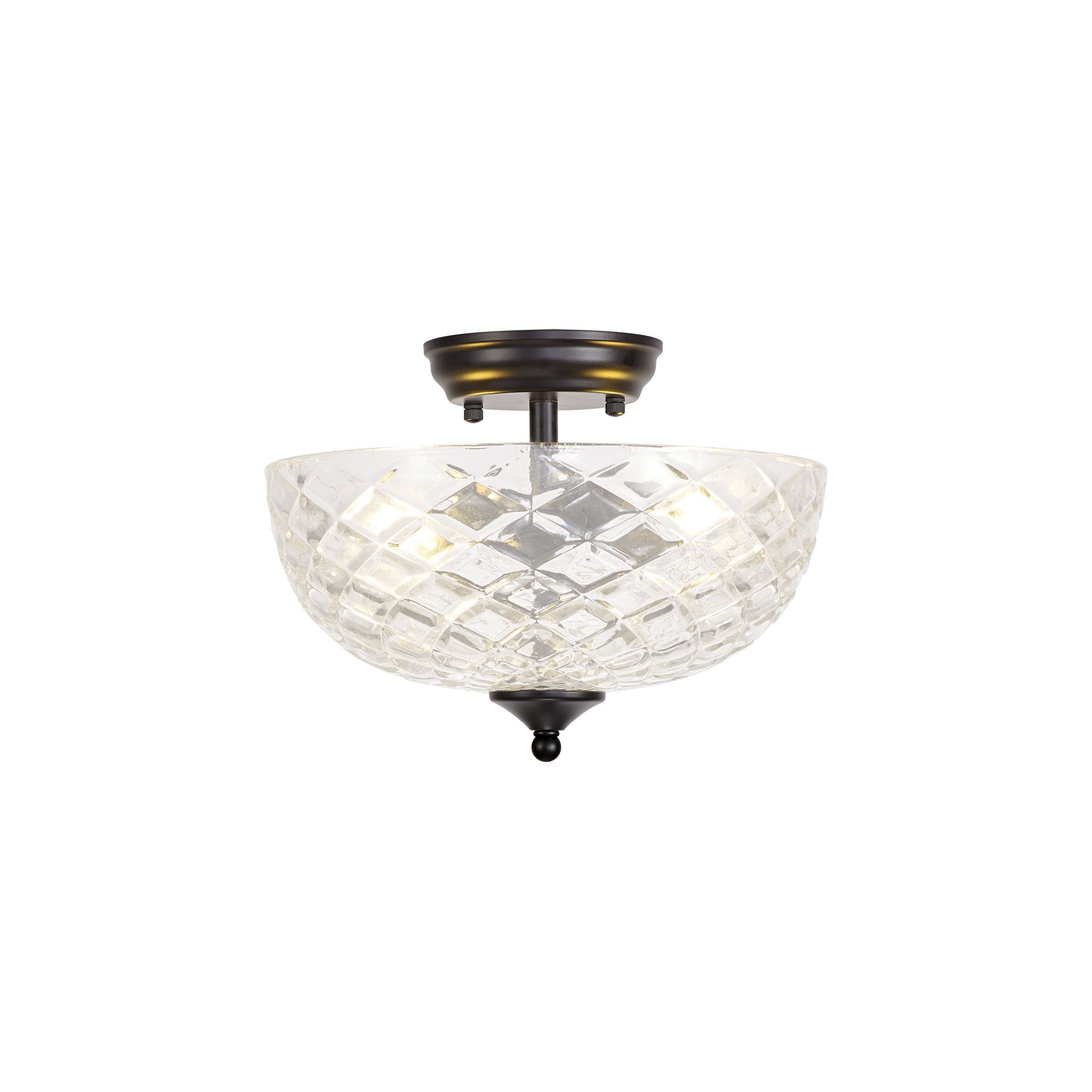 Fabula Mansfield 2 Light Semi-Flush Light - 30cm Flat Round Patterned Glass Shade - Matt Black & Clear Glass
