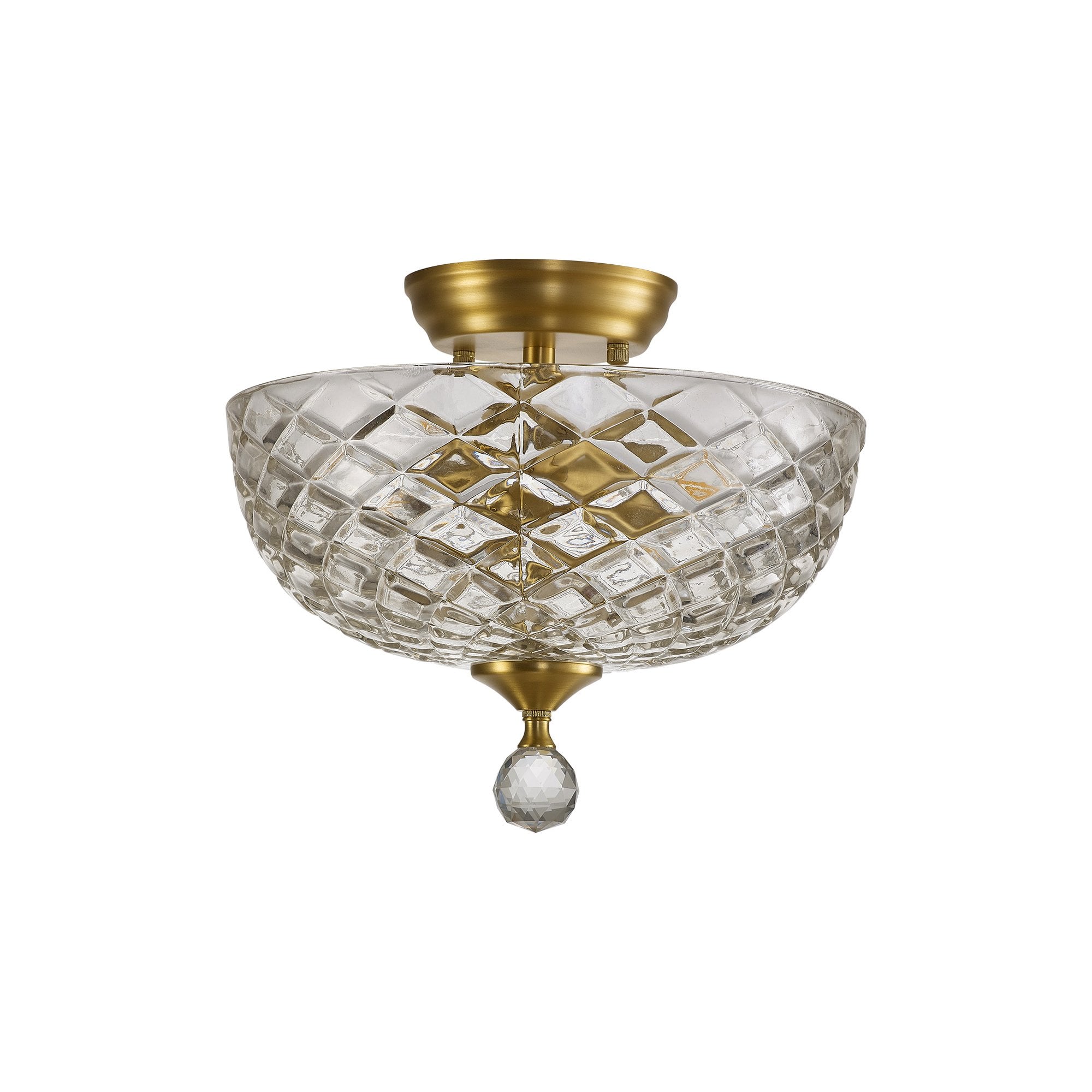 Fabula Mansfield 2 Light Semi-Flush Light - 30cm Flat Round Patterned Glass Shade - Satin Gold & Clear Glass