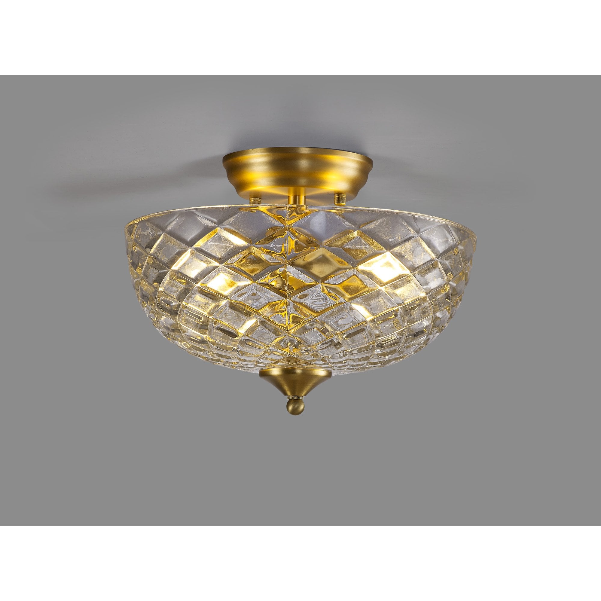Fabula Mansfield 2 Light Semi-Flush Light - 30cm Flat Round Patterned Glass Shade - Satin Gold & Clear Glass