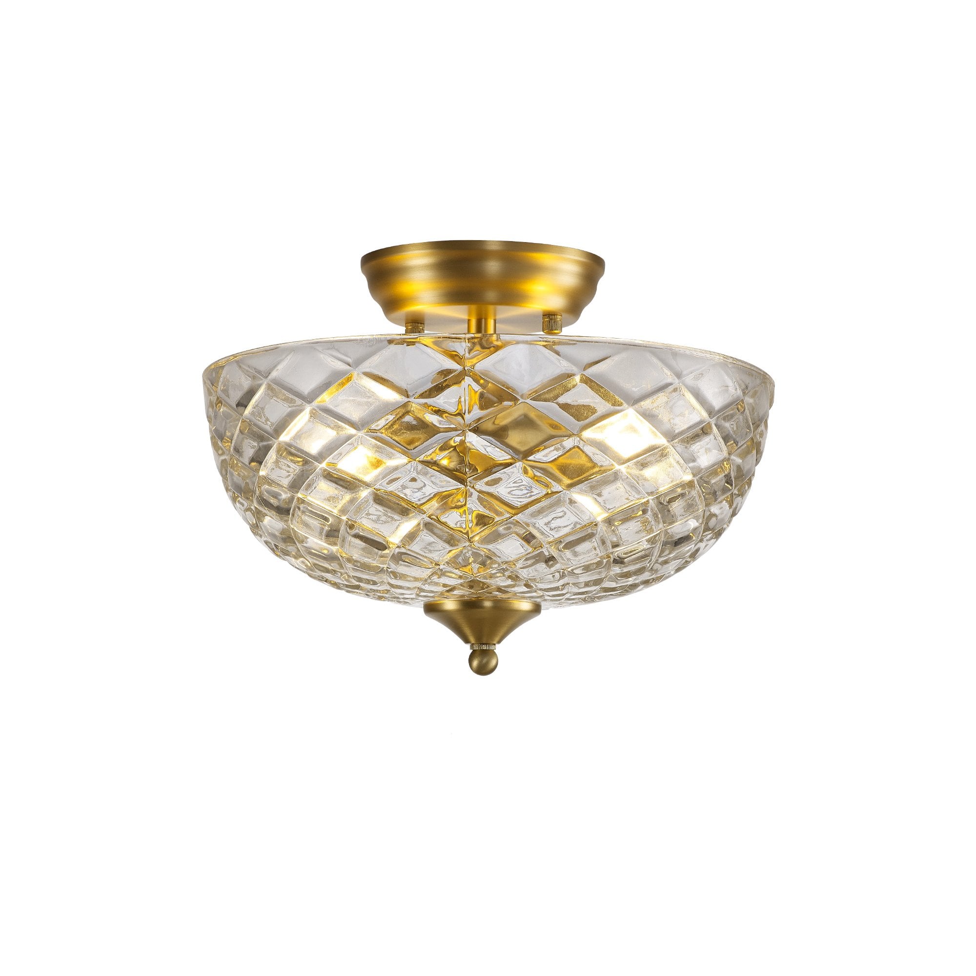 Fabula Mansfield 2 Light Semi-Flush Light - 30cm Flat Round Patterned Glass Shade - Satin Gold & Clear Glass