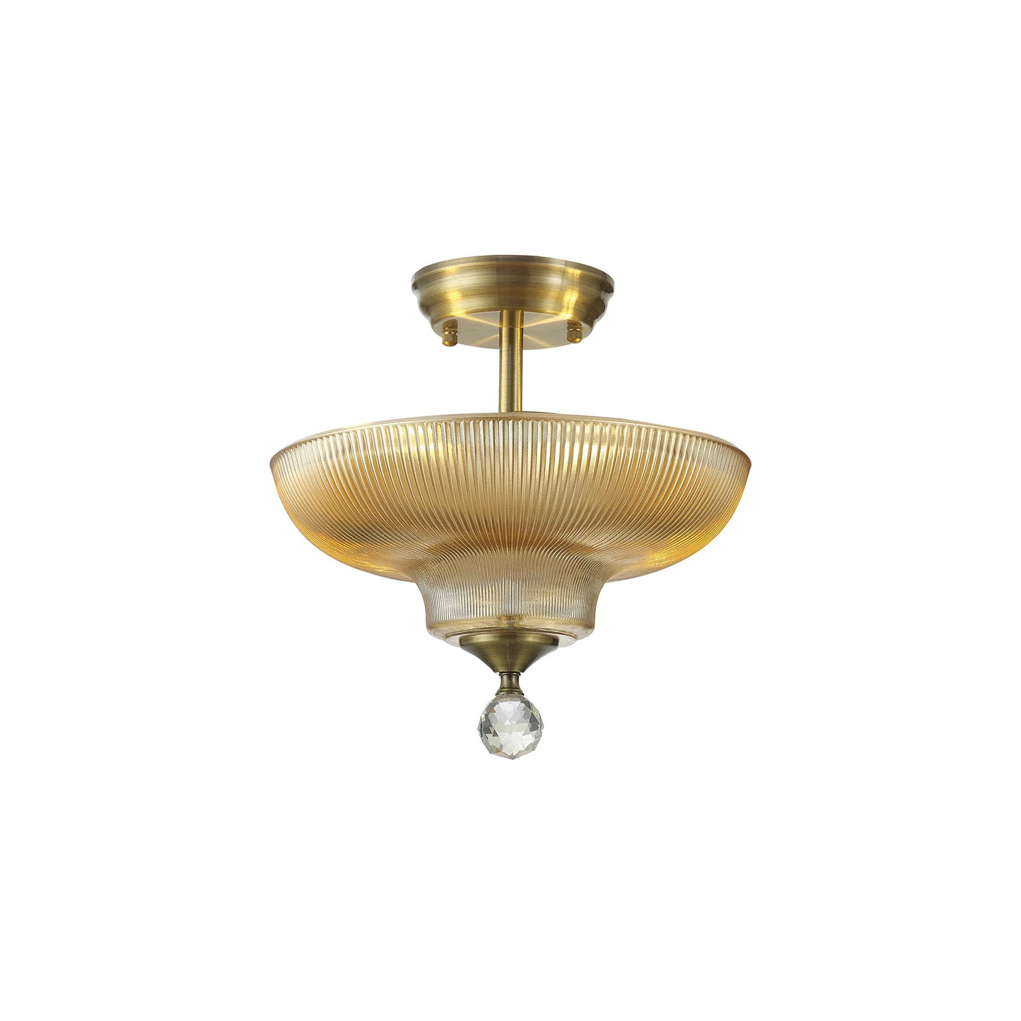 Fabula Mansfield 2 Light Semi-Flush Light - 30cm Round Glass Shade - Antique Brass & Amber Glass
