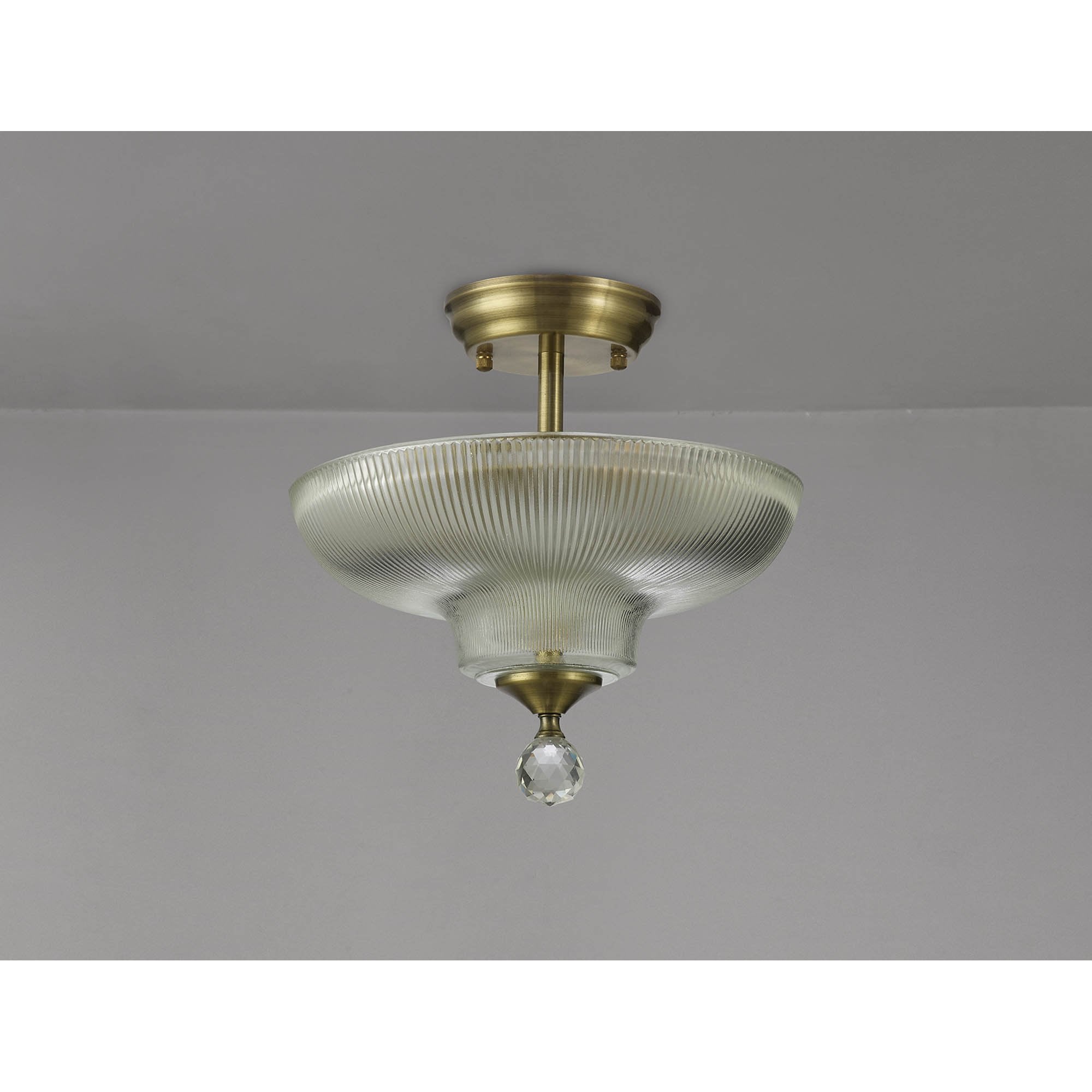 Fabula Mansfield 2 Light Semi-Flush Light - 30cm Round Glass Shade - Antique Brass & Clear Glass