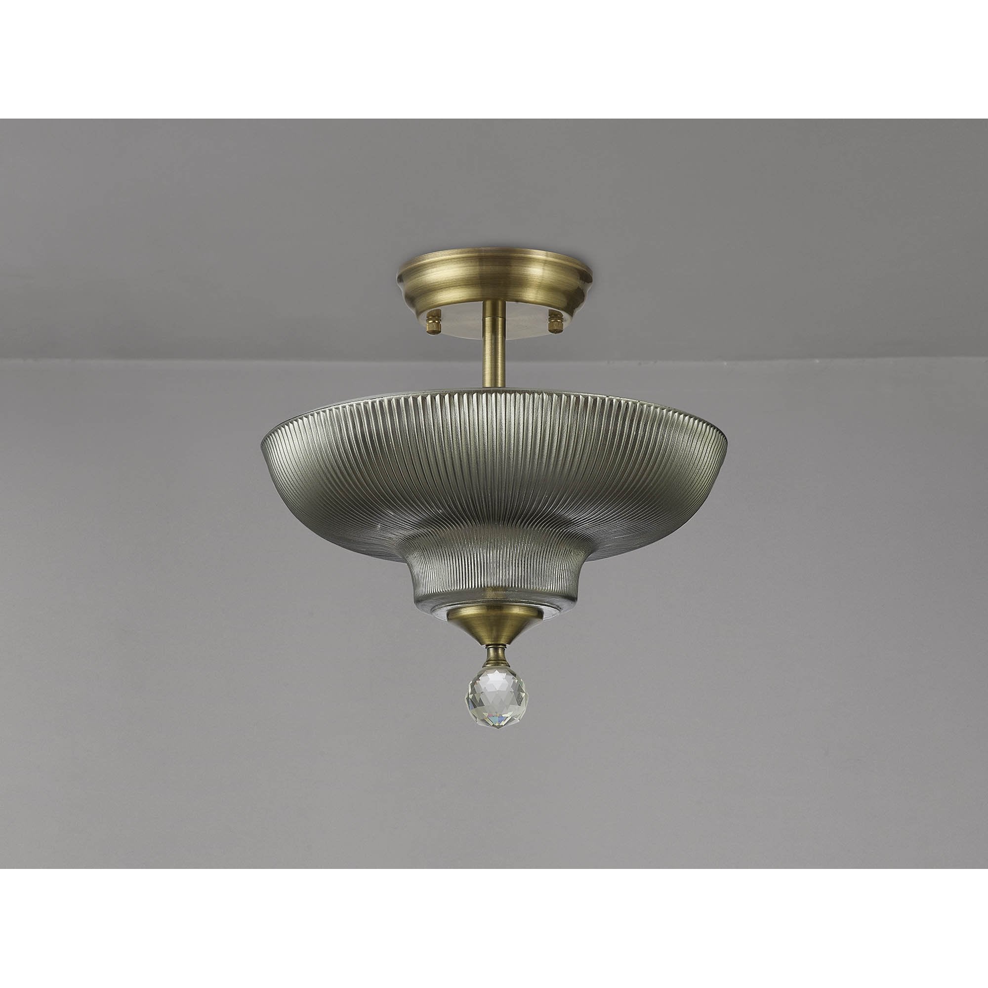 Fabula Mansfield 2 Light Semi-Flush Light - 30cm Round Glass Shade - Antique Brass & Smoked Glass