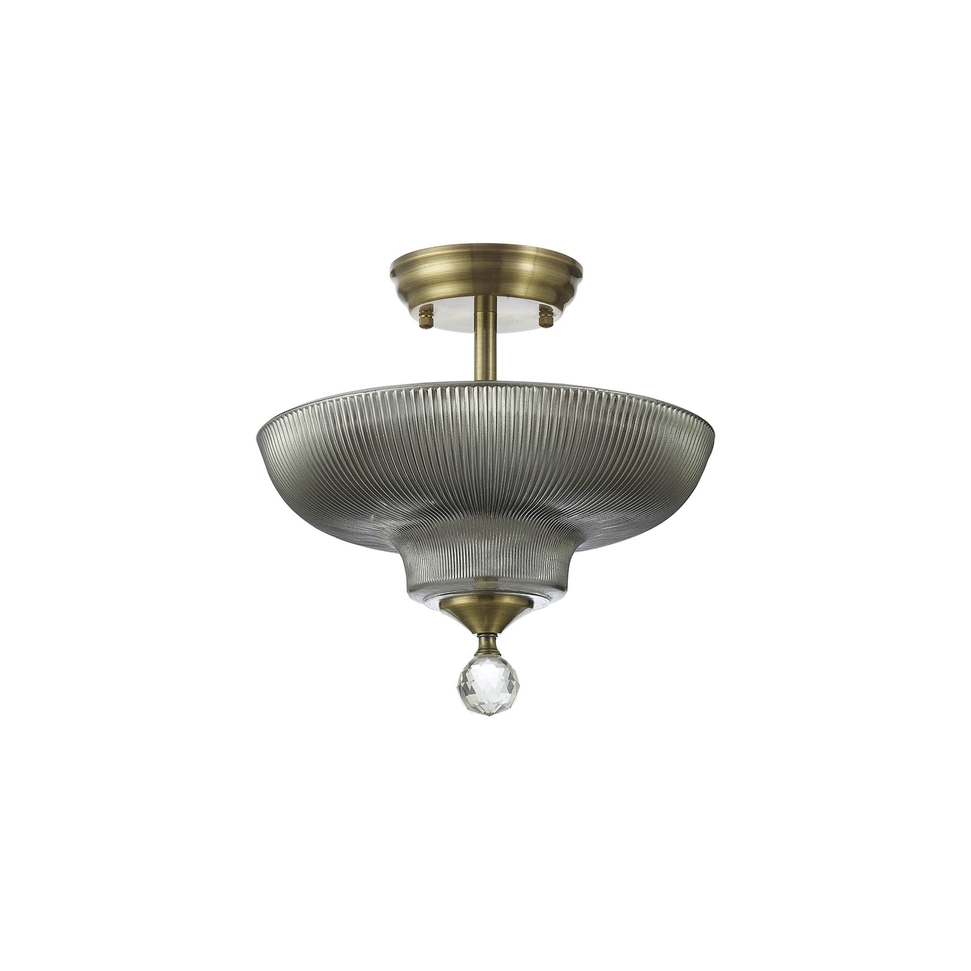 Fabula Mansfield 2 Light Semi-Flush Light - 30cm Round Glass Shade - Antique Brass & Smoked Glass