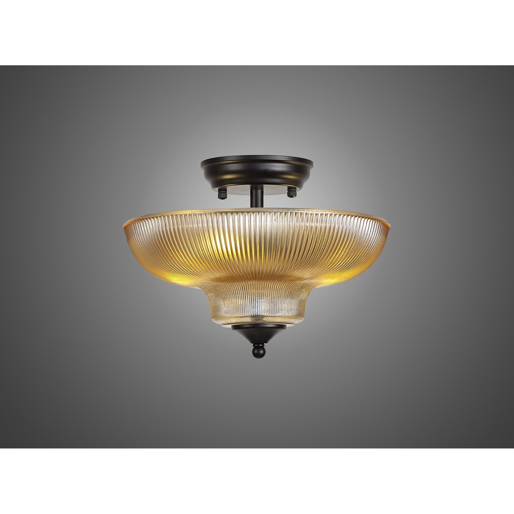 Fabula Mansfield 2 Light Semi-Flush Light - 30cm Round Glass Shade - Matt Black & Amber Glass