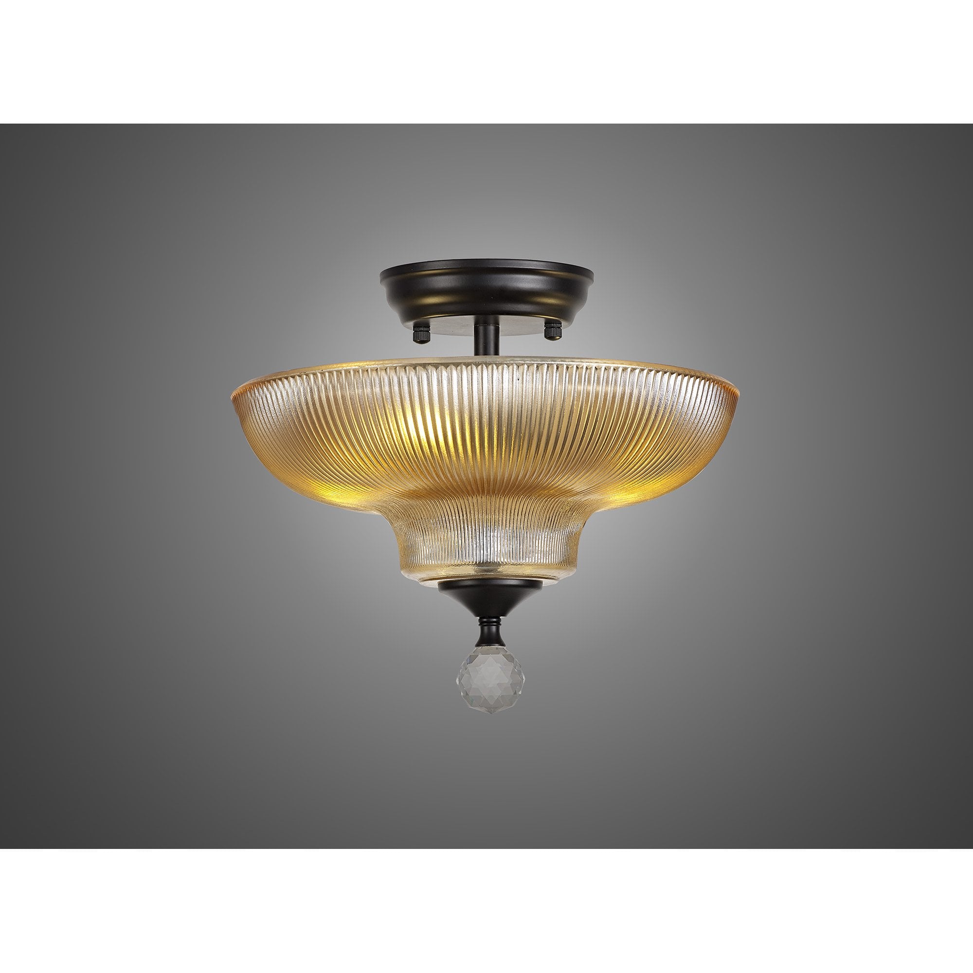 Fabula Mansfield 2 Light Semi-Flush Light - 30cm Round Glass Shade - Matt Black & Amber Glass
