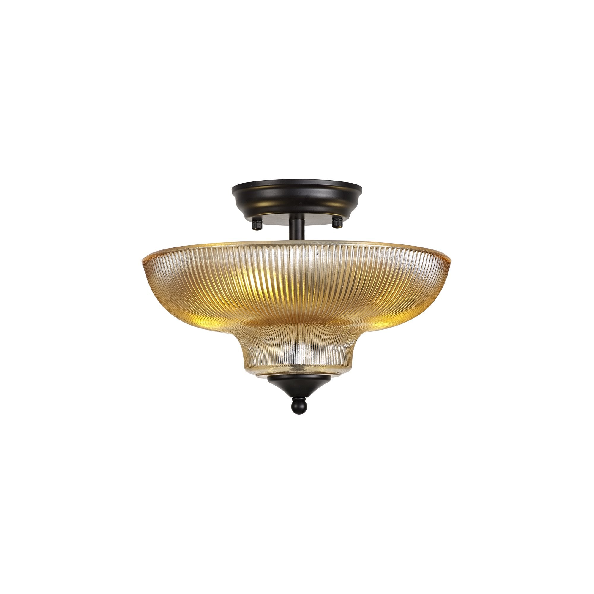 Fabula Mansfield 2 Light Semi-Flush Light - 30cm Round Glass Shade - Matt Black & Amber Glass