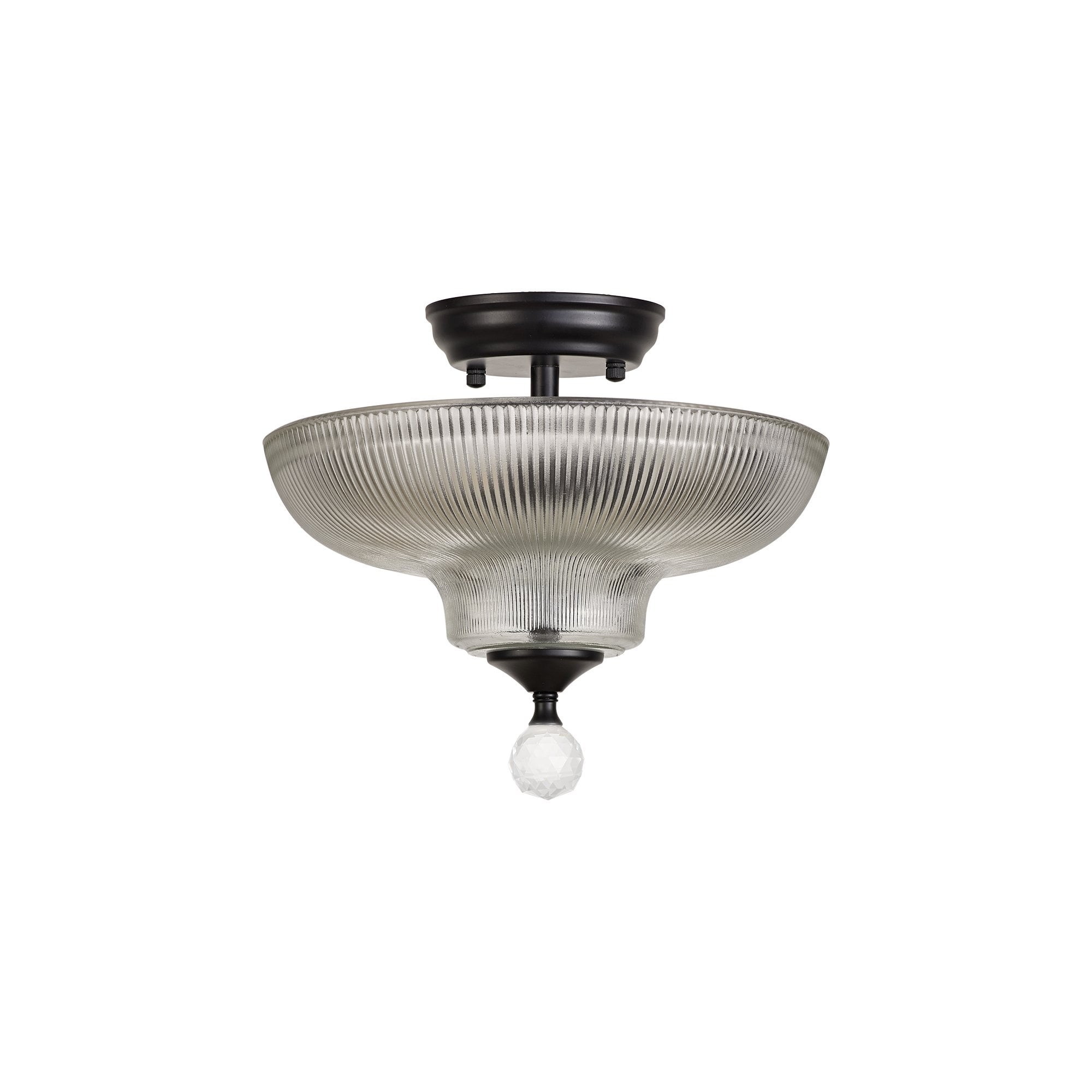 Fabula Mansfield 2 Light Semi-Flush Light - 30cm Round Glass Shade - Matt Black & Clear Glass