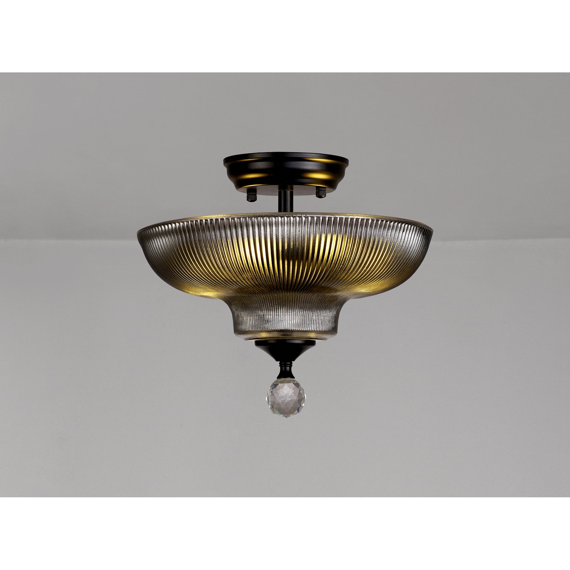 Fabula Mansfield 2 Light Semi-Flush Light - 30cm Round Glass Shade - Matt Black & Smoked Glass
