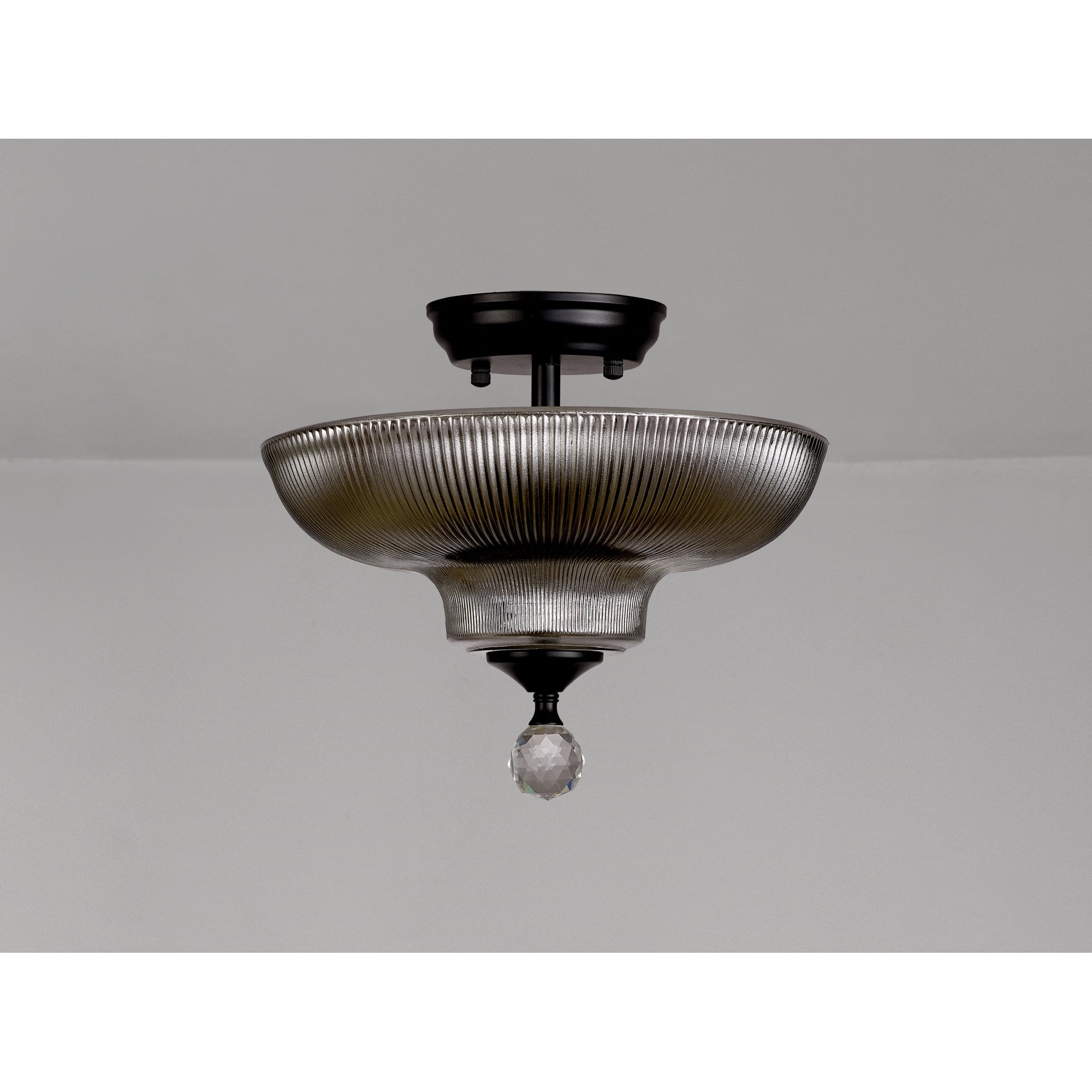 Fabula Mansfield 2 Light Semi-Flush Light - 30cm Round Glass Shade - Matt Black & Smoked Glass