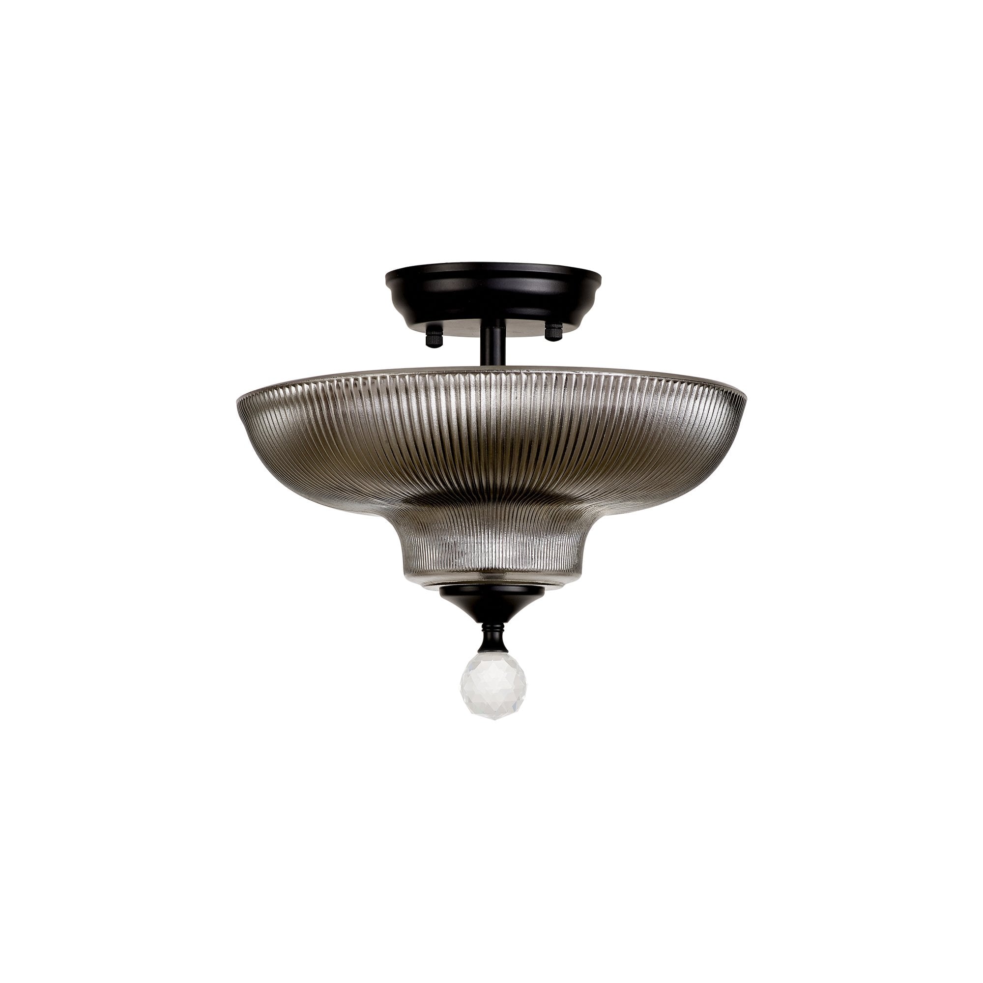 Fabula Mansfield 2 Light Semi-Flush Light - 30cm Round Glass Shade - Matt Black & Smoked Glass