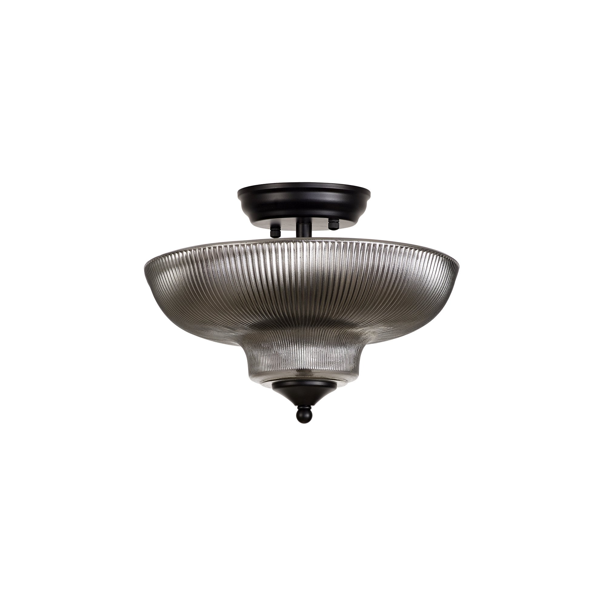 Fabula Mansfield 2 Light Semi-Flush Light - 30cm Round Glass Shade - Matt Black & Smoked Glass