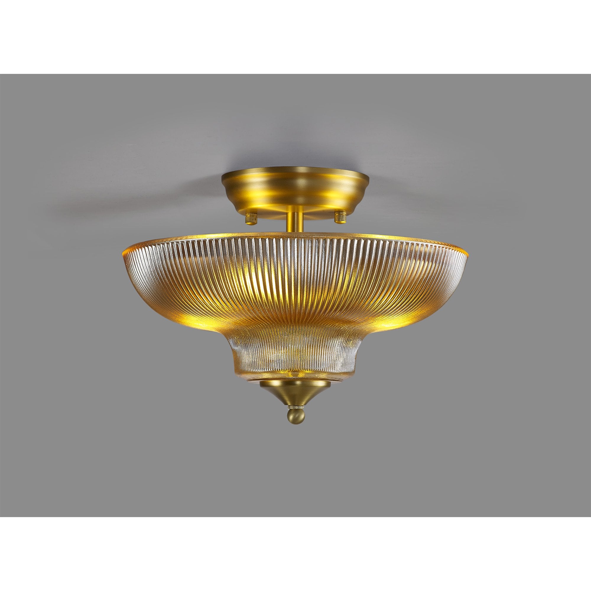 Fabula Mansfield 2 Light Semi-Flush Light - 30cm Round Glass Shade - Satin Gold & Amber Glass