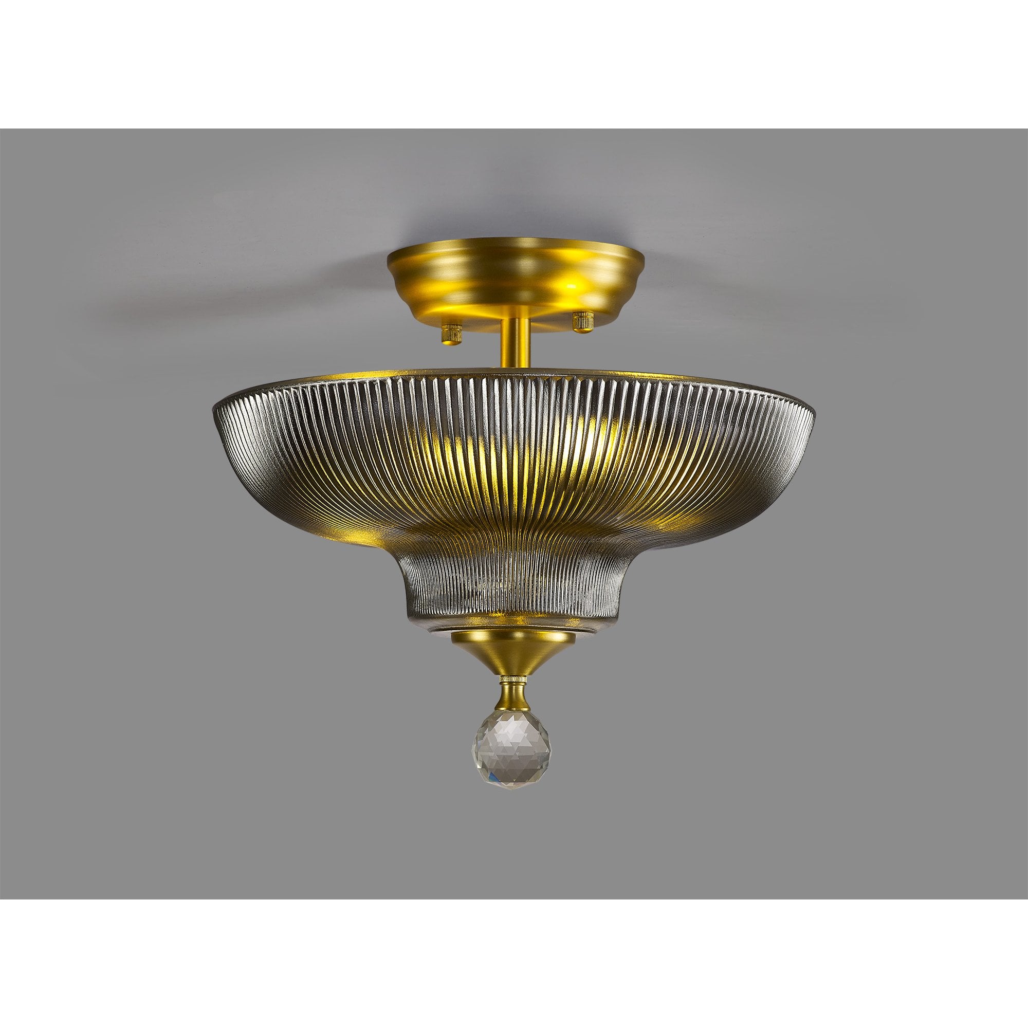 Fabula Mansfield 2 Light Semi-Flush Light - 30cm Round Glass Shade - Satin Gold & Smoked Glass