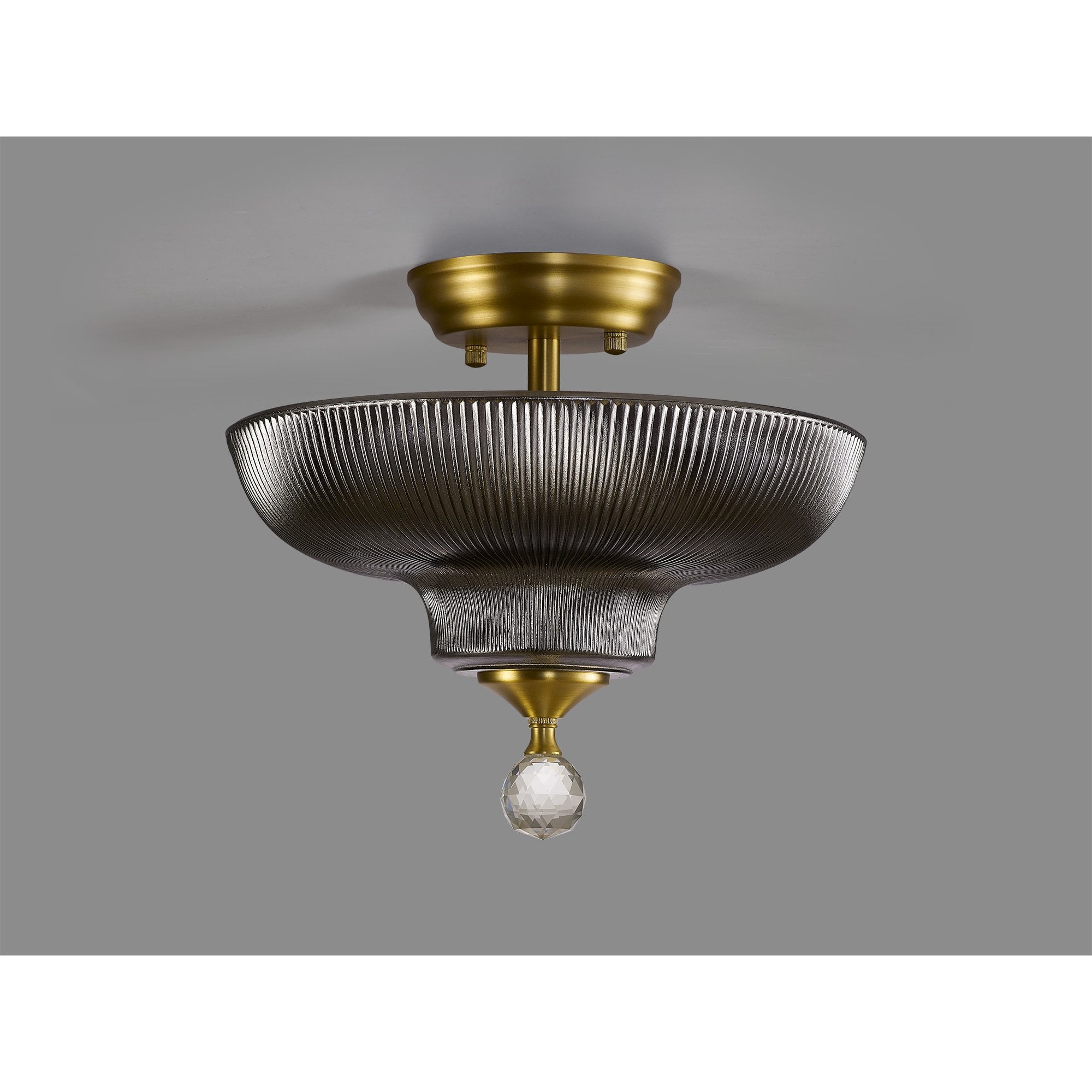 Fabula Mansfield 2 Light Semi-Flush Light - 30cm Round Glass Shade - Satin Gold & Smoked Glass