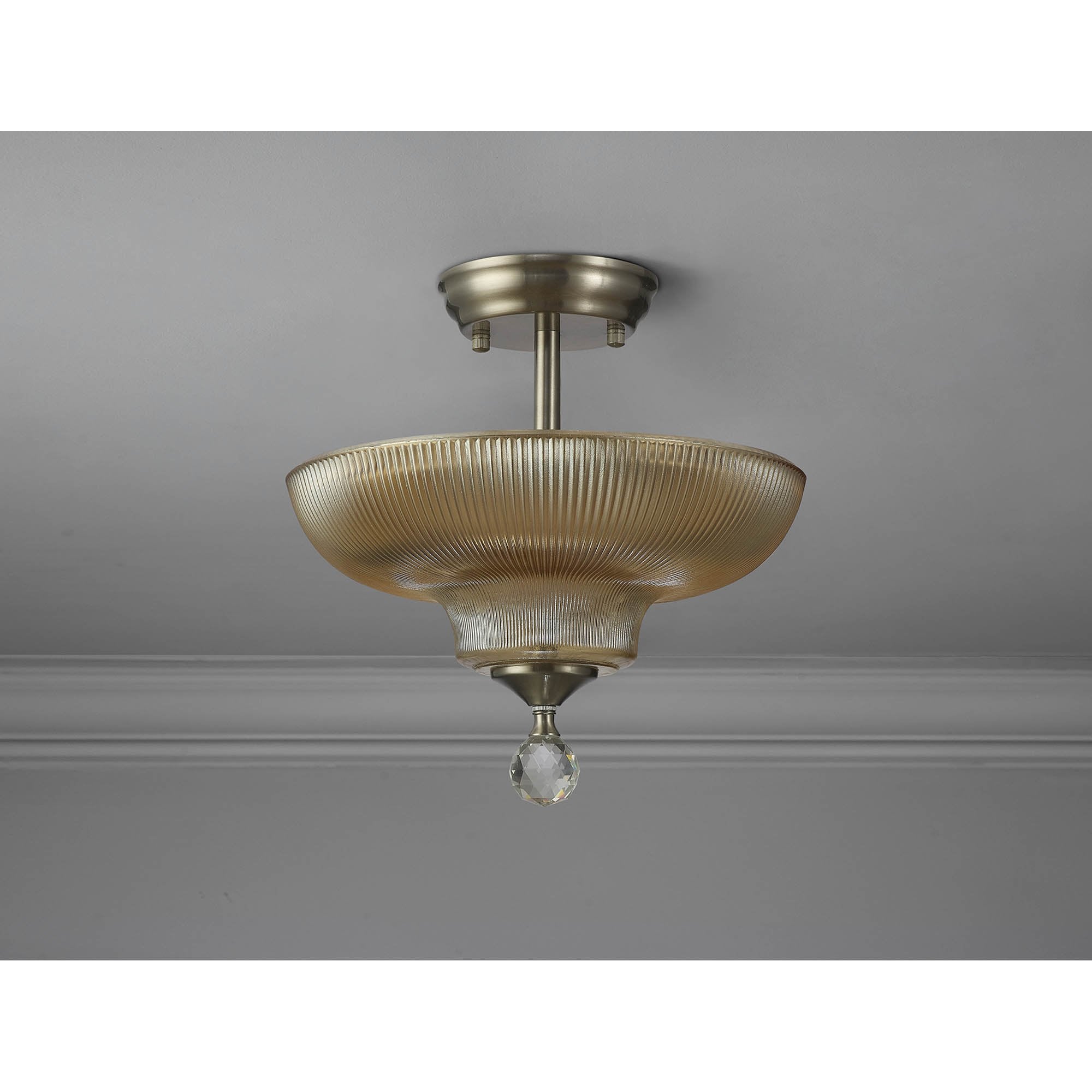 Fabula Mansfield 2 Light Semi-Flush Light - 30cm Round Glass Shade - Satin Nickel & Amber Glass