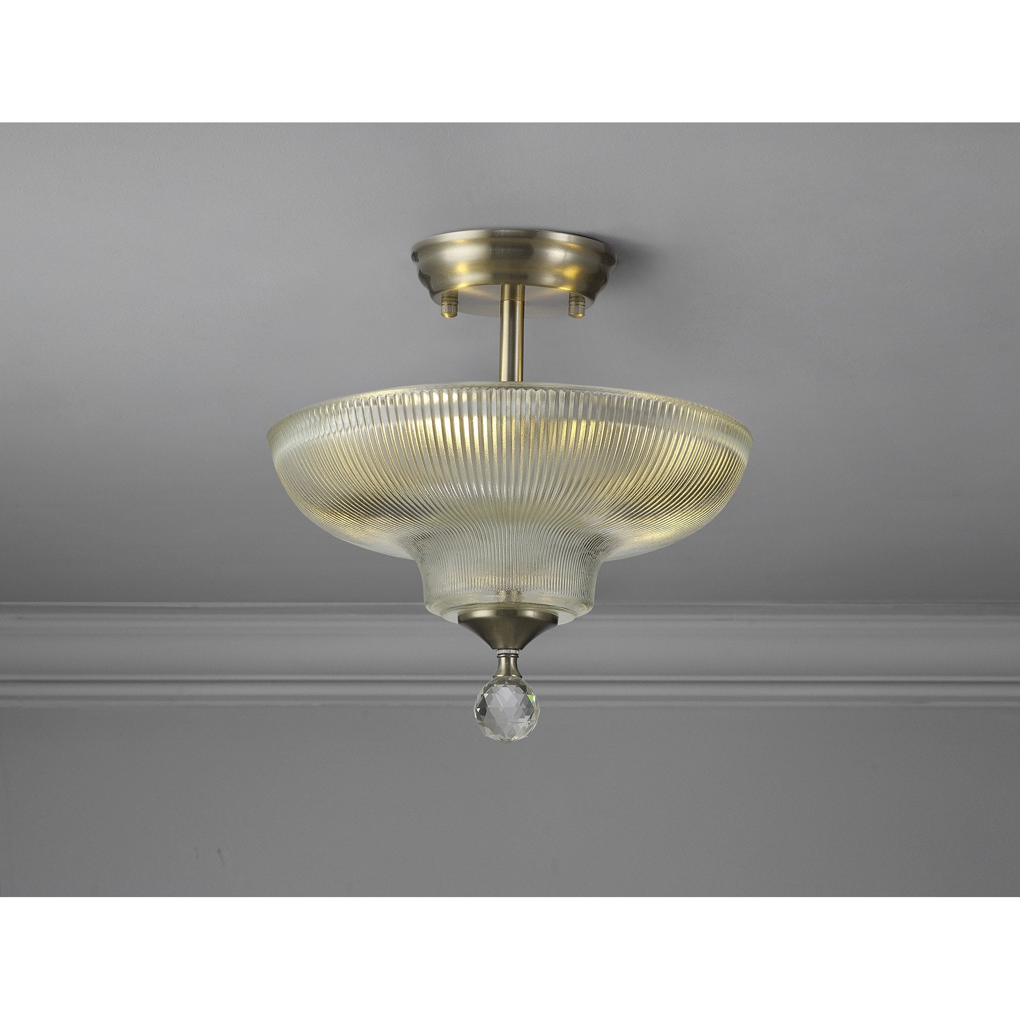 Fabula Mansfield 2 Light Semi-Flush Light - 30cm Round Glass Shade - Satin Nickel & Clear Glass