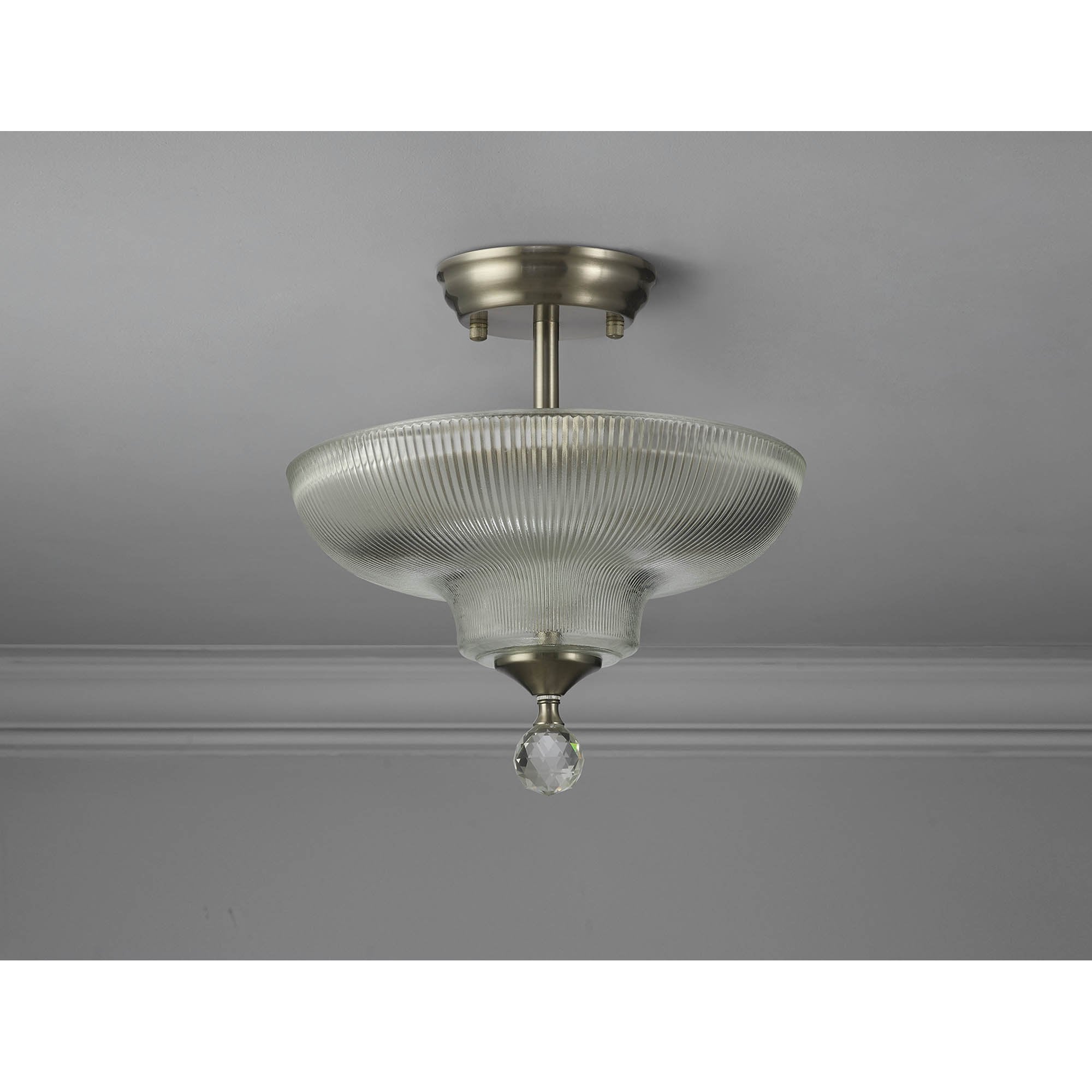Fabula Mansfield 2 Light Semi-Flush Light - 30cm Round Glass Shade - Satin Nickel & Clear Glass