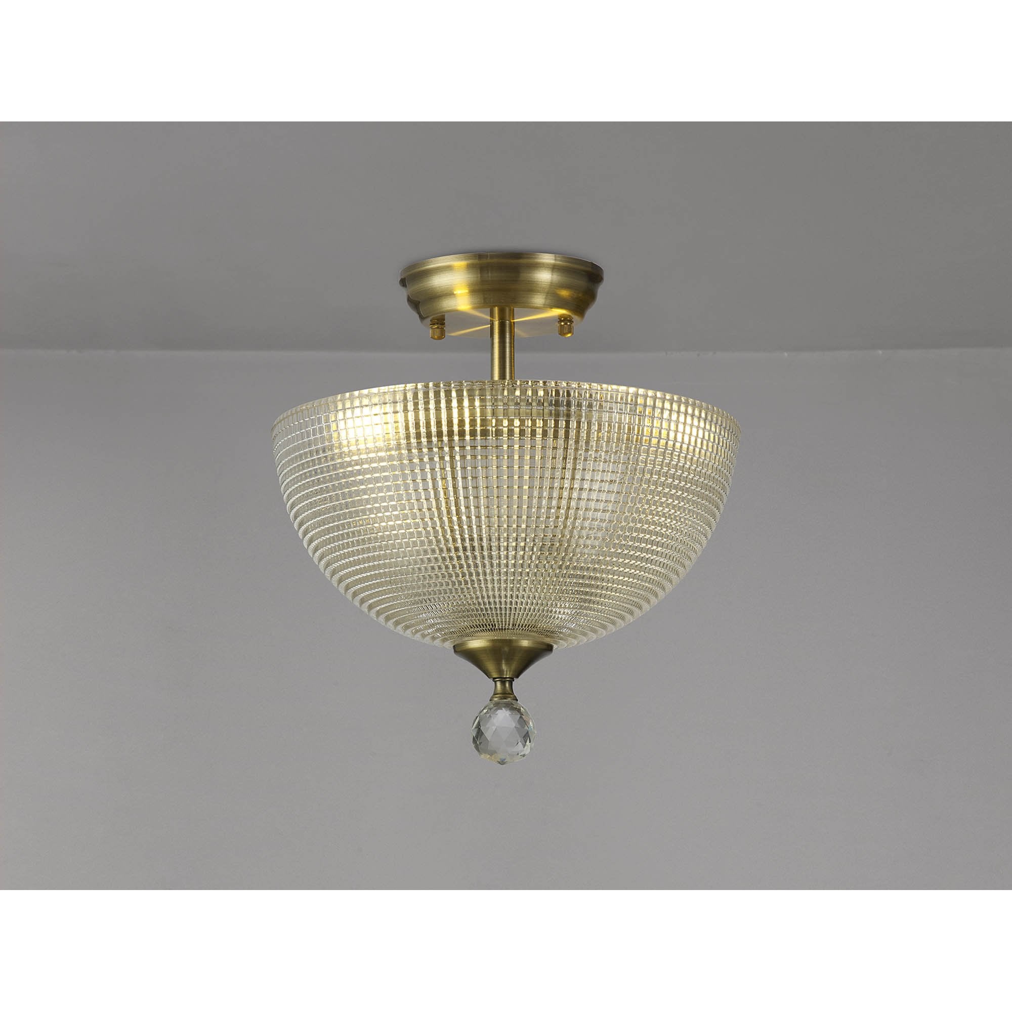 Fabula Mansfield 2 Light Semi-Flush Light - 30cm Round Prismatic Effect Glass Shade - Antique Brass & Clear Glass