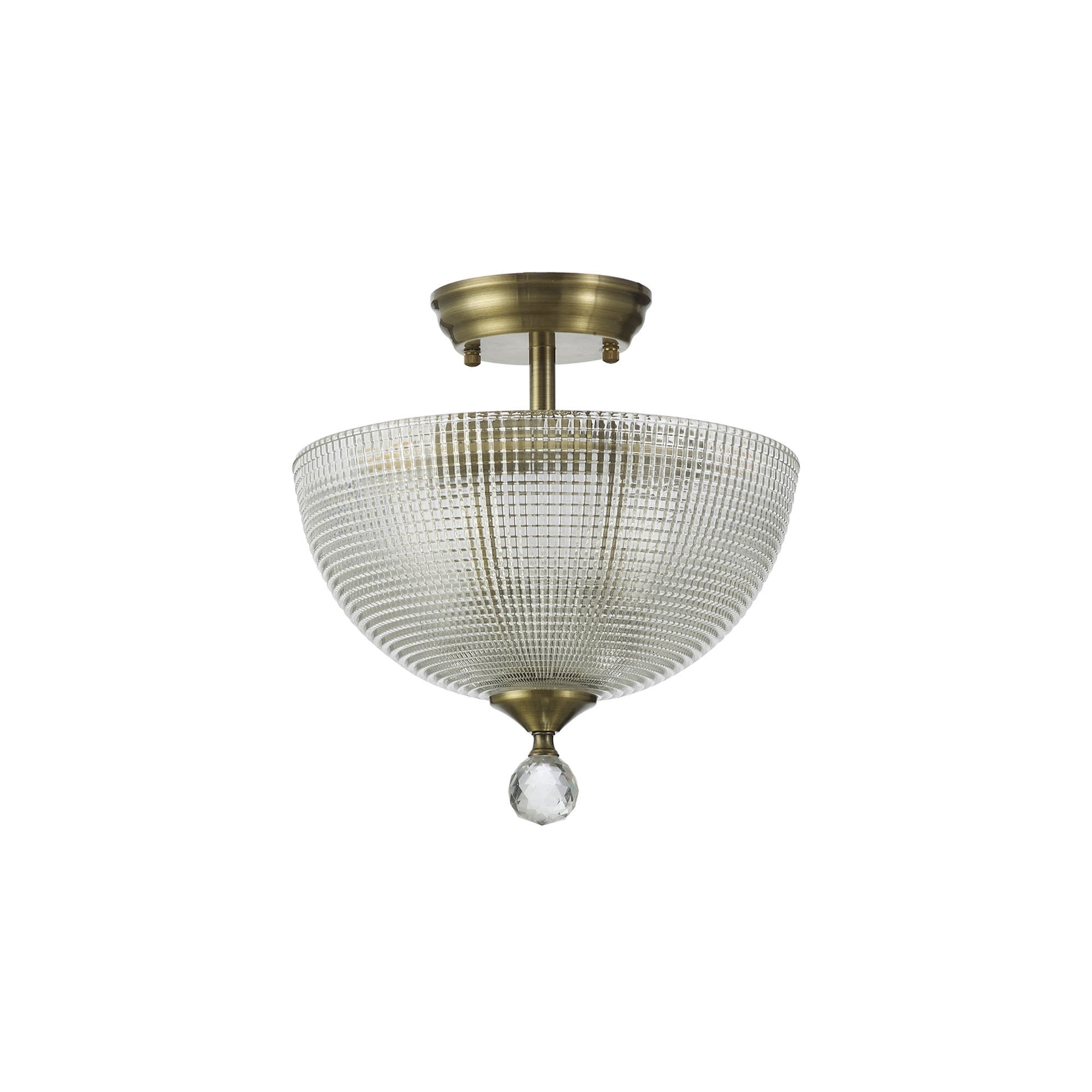 Fabula Mansfield 2 Light Semi-Flush Light - 30cm Round Prismatic Effect Glass Shade - Antique Brass & Clear Glass