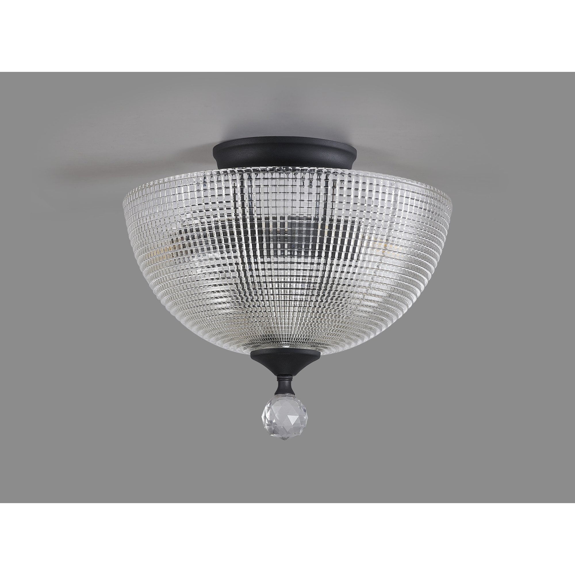 Fabula Mansfield 2 Light Semi-Flush Light - 30cm Round Prismatic Effect Glass Shade - Graphite & Clear Glass