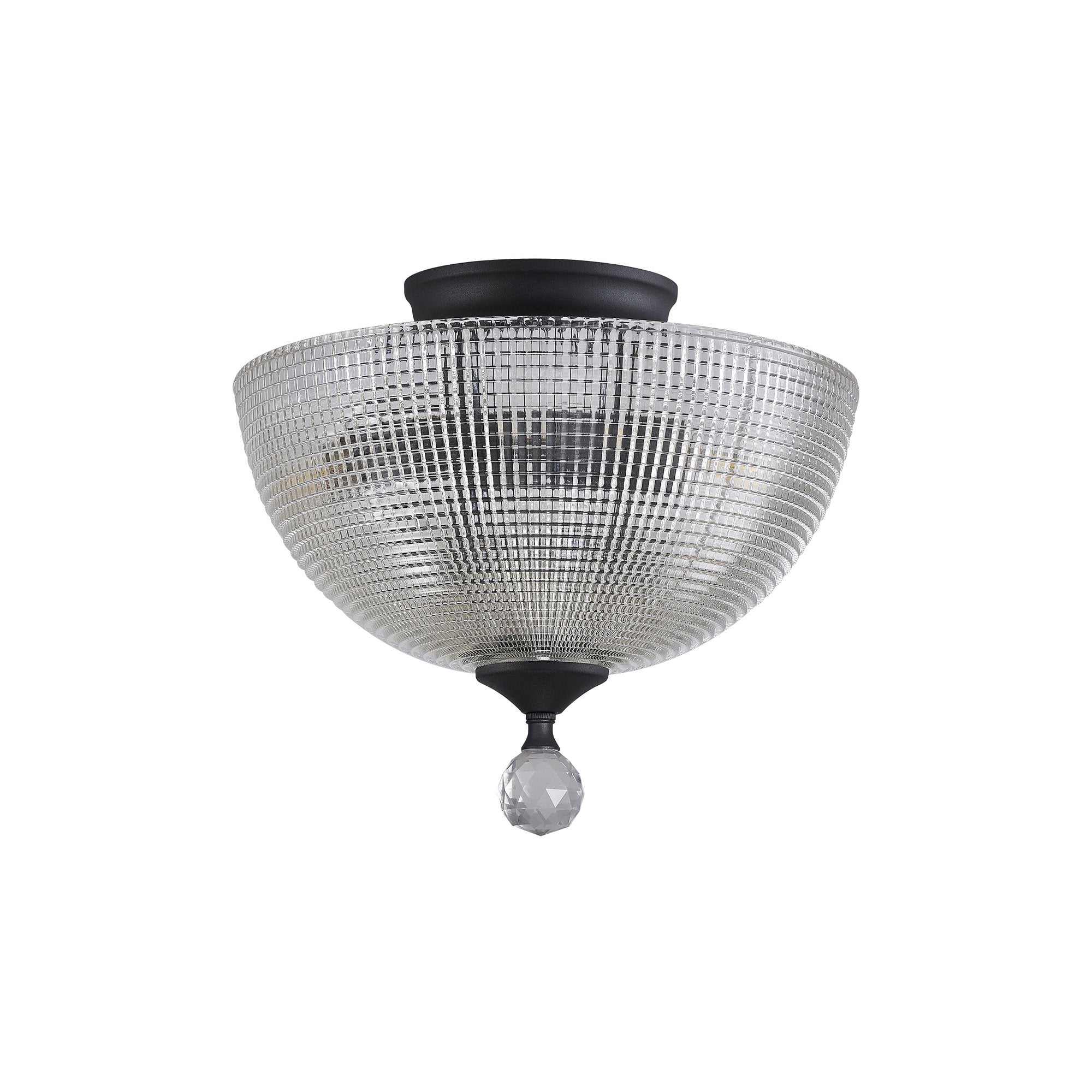 Fabula Mansfield 2 Light Semi-Flush Light - 30cm Round Prismatic Effect Glass Shade - Graphite & Clear Glass