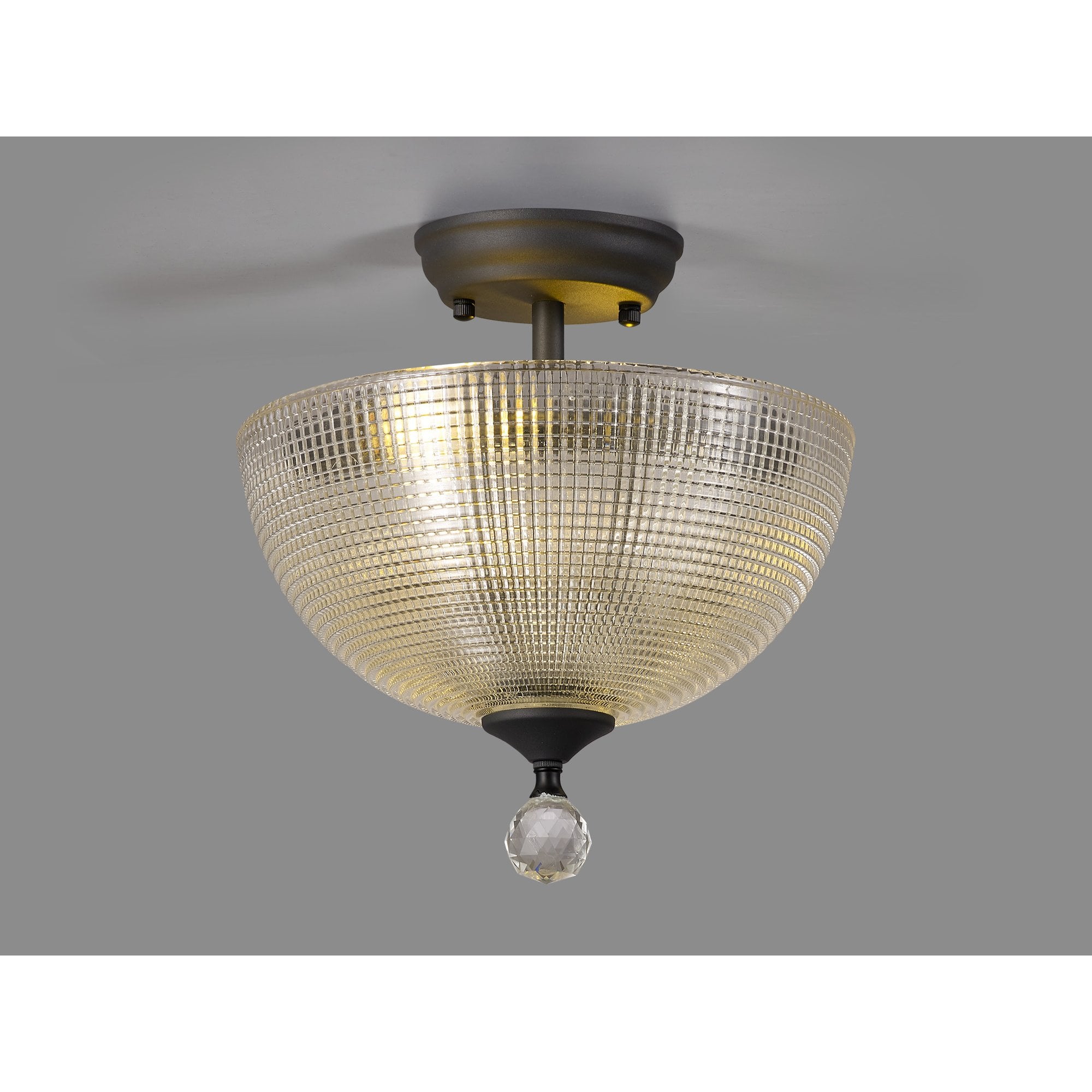 Fabula Mansfield 2 Light Semi-Flush Light - 30cm Round Prismatic Effect Glass Shade - Graphite & Clear Glass