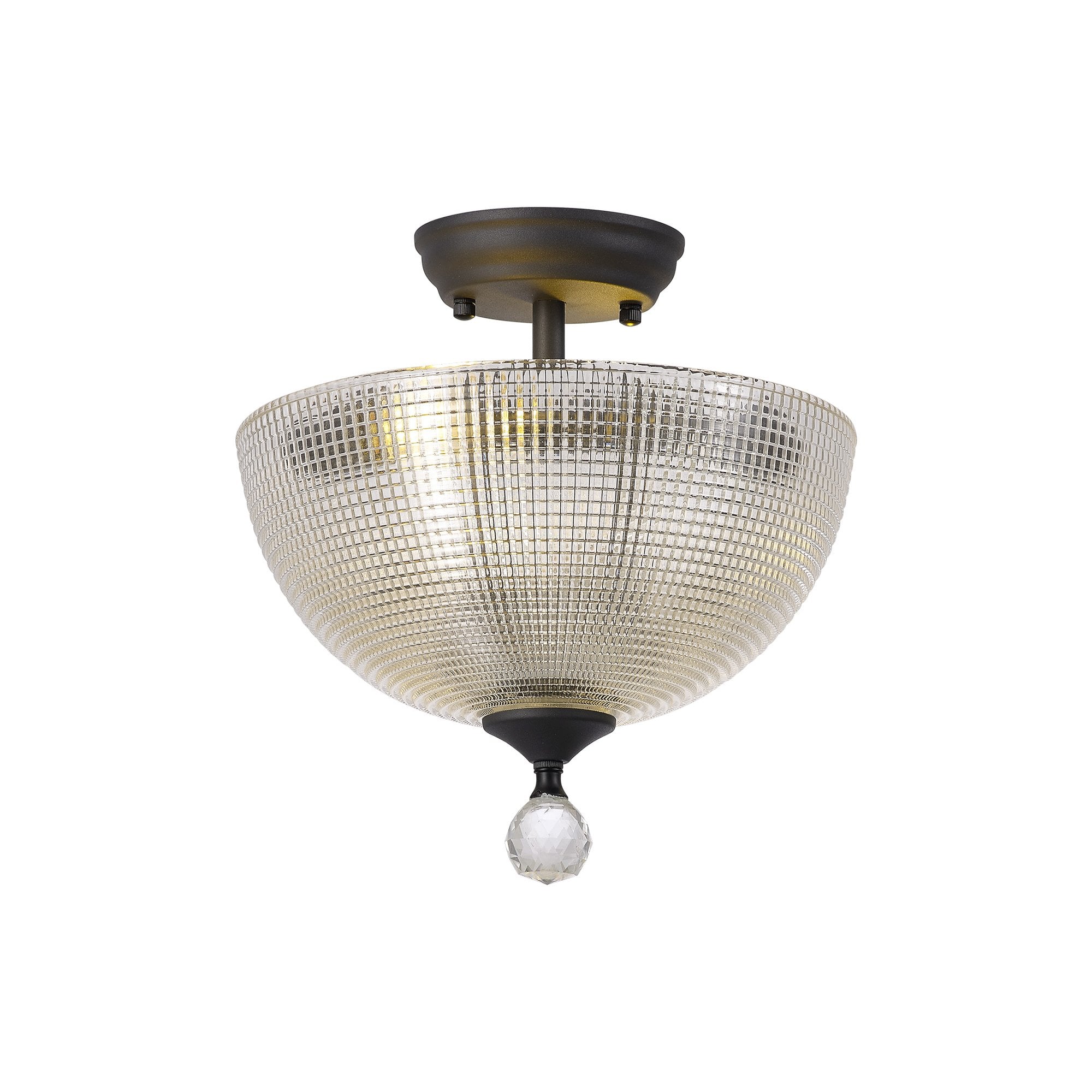 Fabula Mansfield 2 Light Semi-Flush Light - 30cm Round Prismatic Effect Glass Shade - Graphite & Clear Glass