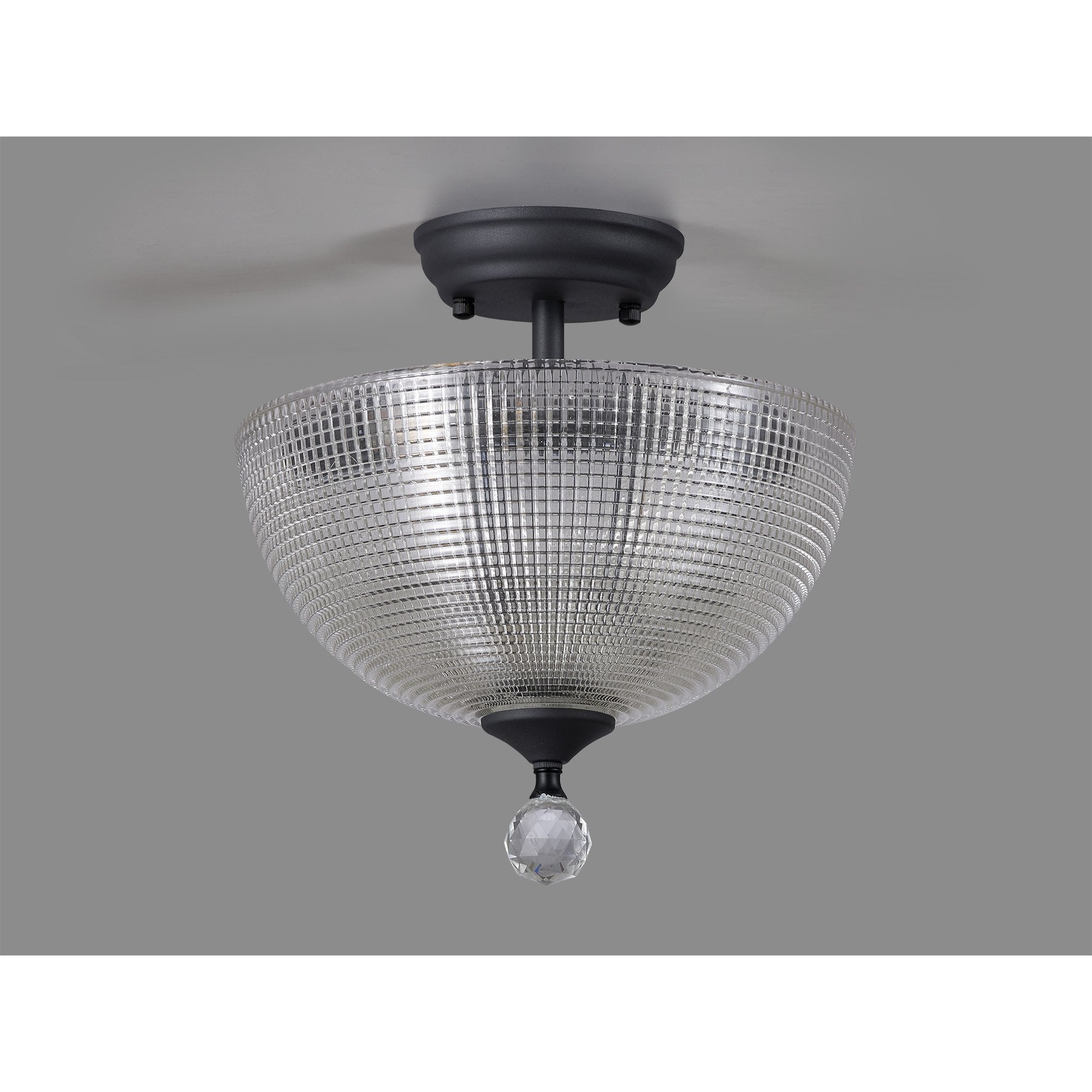 Fabula Mansfield 2 Light Semi-Flush Light - 30cm Round Prismatic Effect Glass Shade - Graphite & Clear Glass