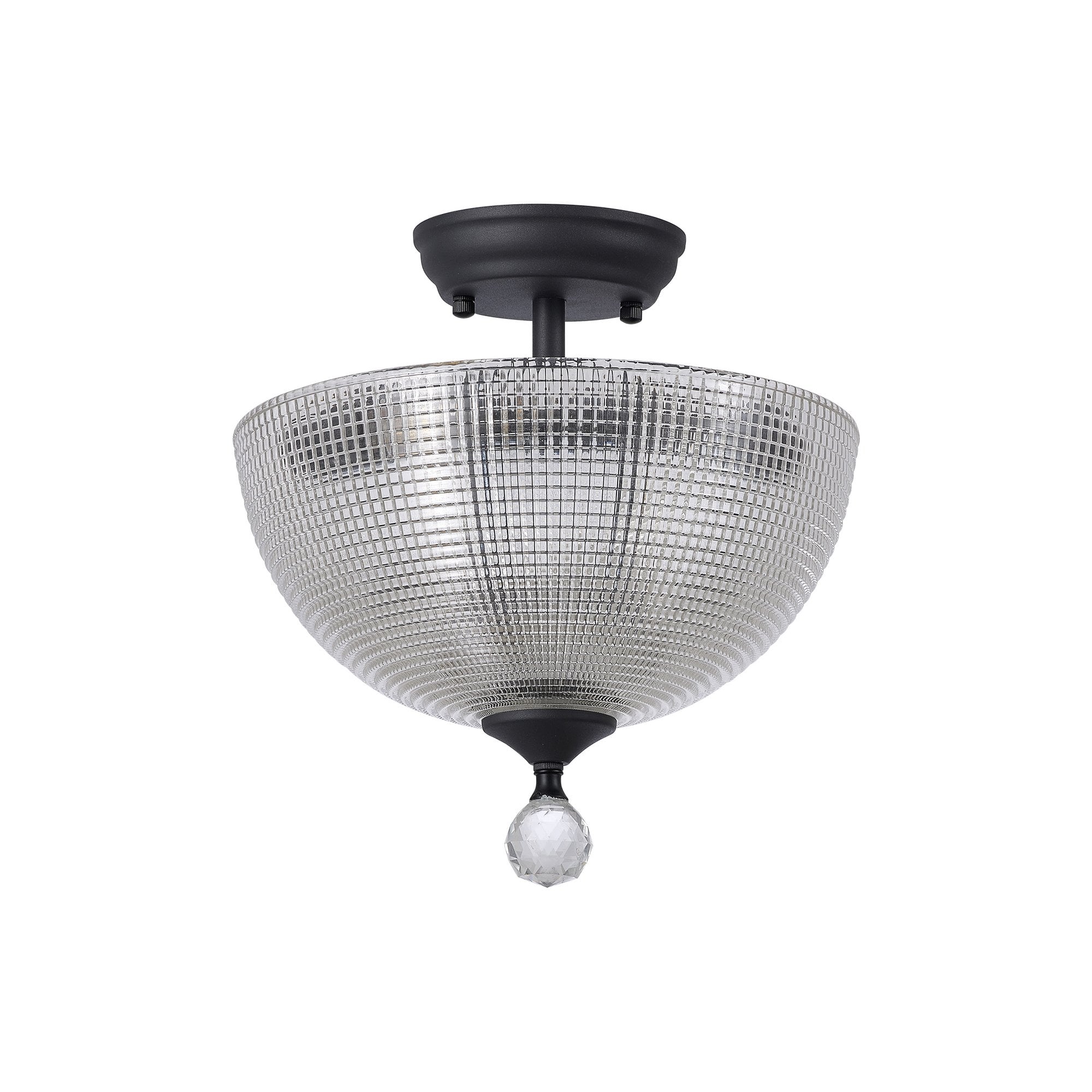 Fabula Mansfield 2 Light Semi-Flush Light - 30cm Round Prismatic Effect Glass Shade - Graphite & Clear Glass