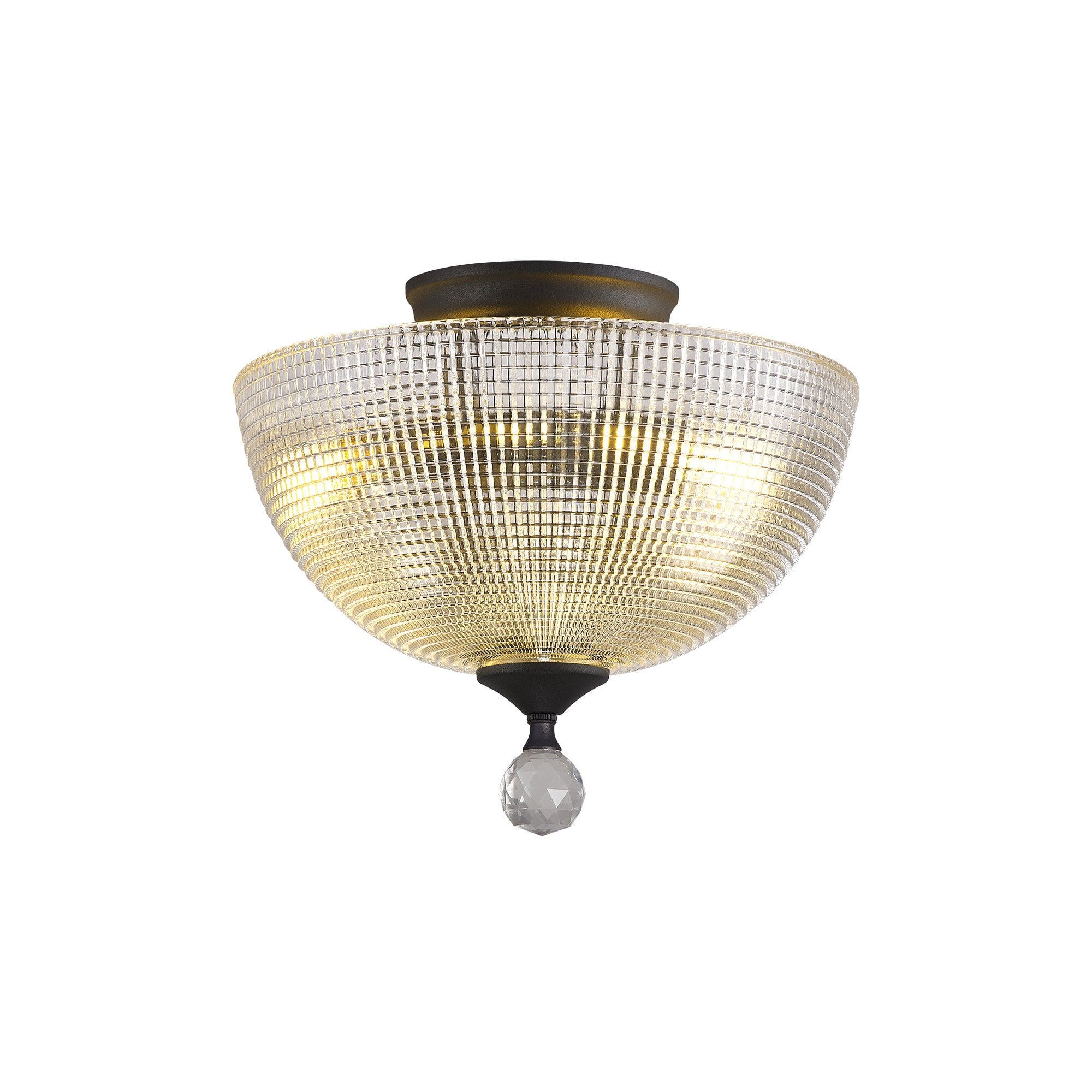 Fabula Mansfield 2 Light Semi-Flush Light - 30cm Round Prismatic Effect Glass Shade - Graphite & Clear Glass