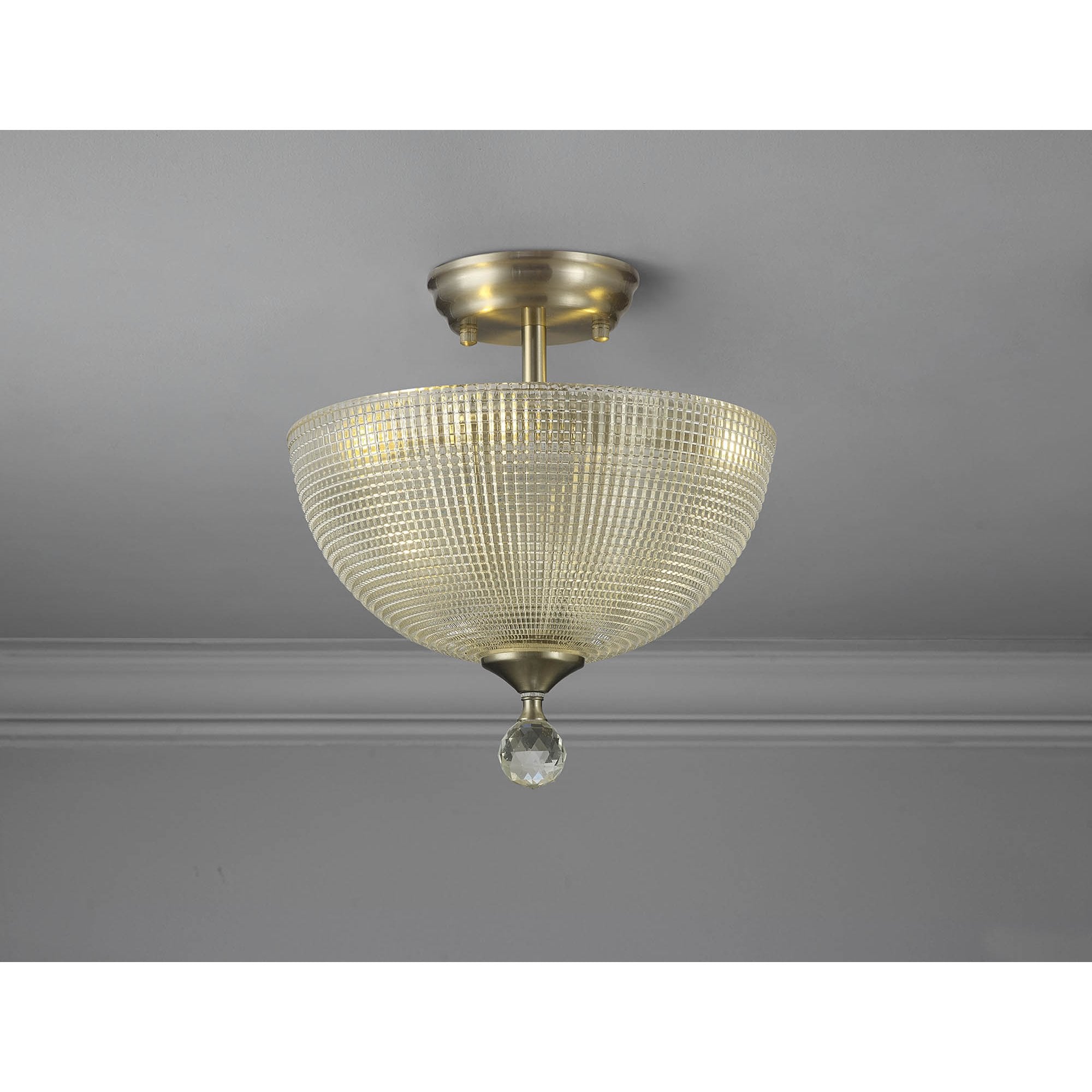 Fabula Mansfield 2 Light Semi-Flush Light - 30cm Round Prismatic Effect Glass Shade - Satin Nickel & Clear Glass