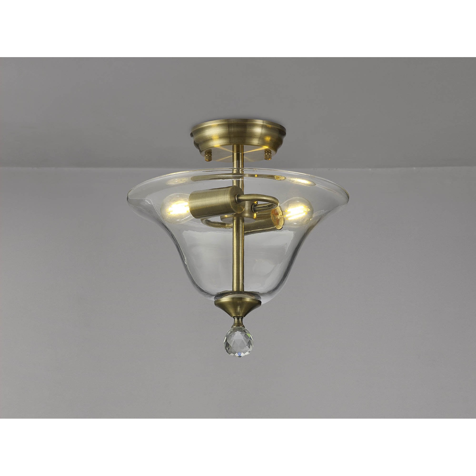 Fabula Mansfield 2 Light Semi-Flush Light - 30cm Smooth Bell Glass Shade - Antique Brass & Clear Glass