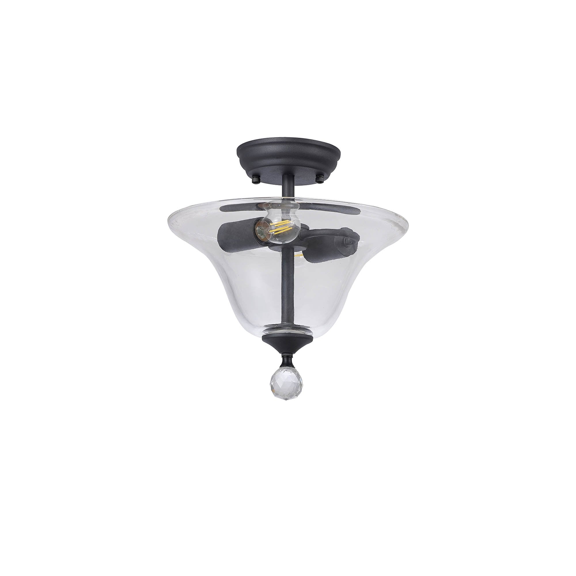 Fabula Mansfield 2 Light Semi-Flush Light - 30cm Smooth Bell Glass Shade - Graphite & Clear Glass