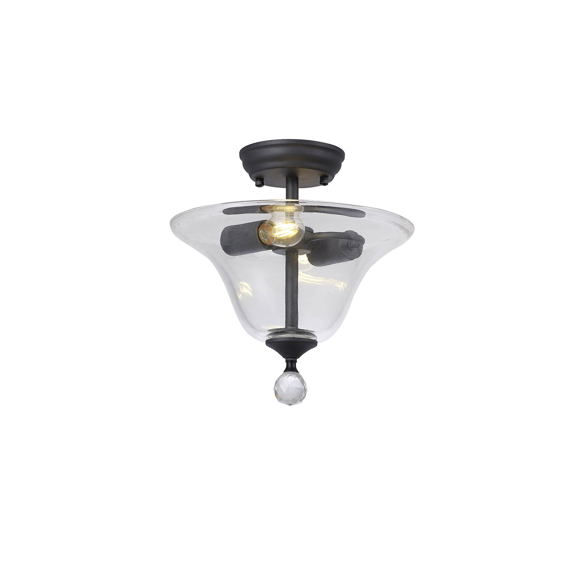 Fabula Mansfield 2 Light Semi-Flush Light - 30cm Smooth Bell Glass Shade - Graphite & Clear Glass