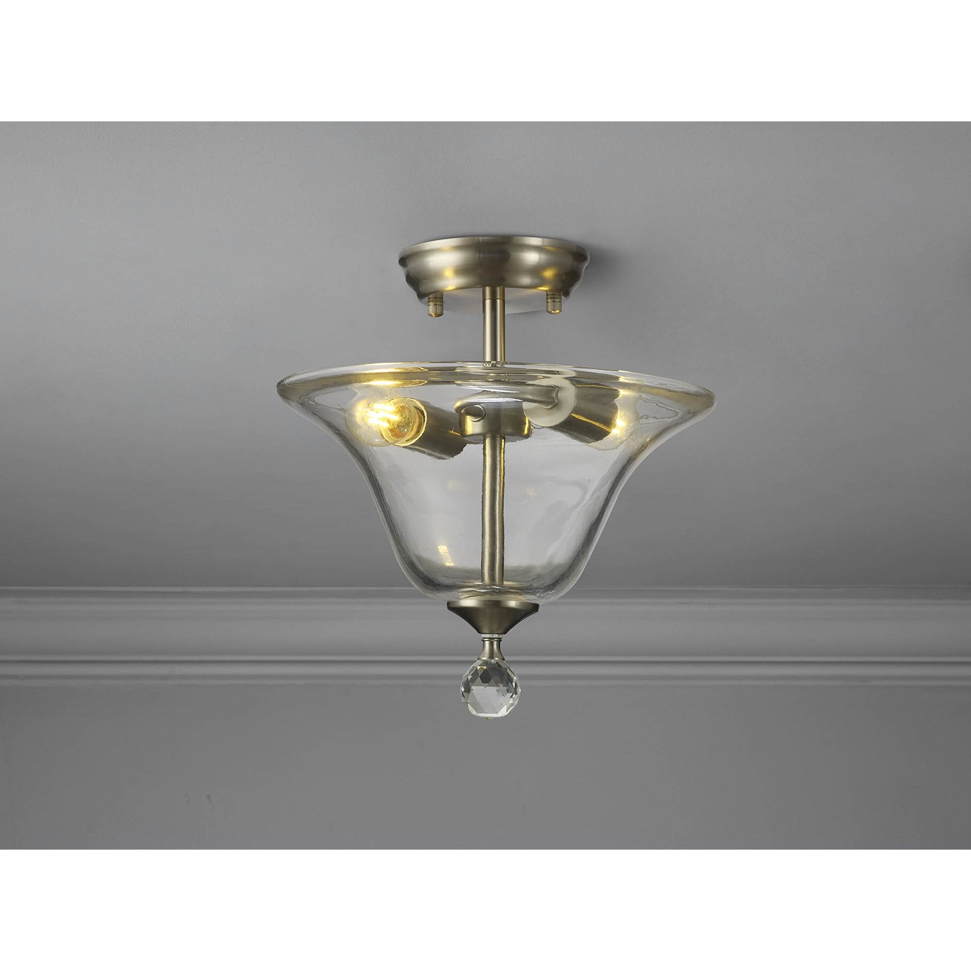 Fabula Mansfield 2 Light Semi-Flush Light - 30cm Smooth Bell Glass Shade - Satin Nickel & Clear Glass