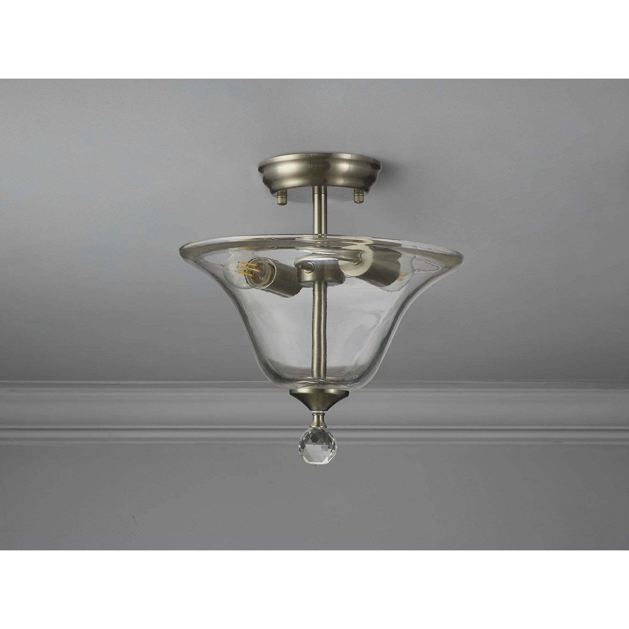 Fabula Mansfield 2 Light Semi-Flush Light - 30cm Smooth Bell Glass Shade - Satin Nickel & Clear Glass
